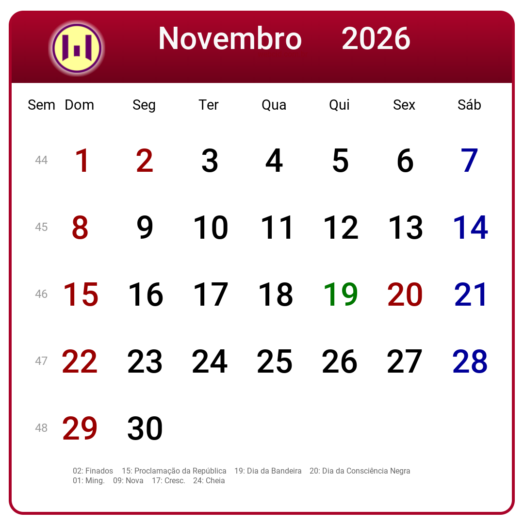 Calendário 2026 - Novembro - Brasil com feriados e fases da lua