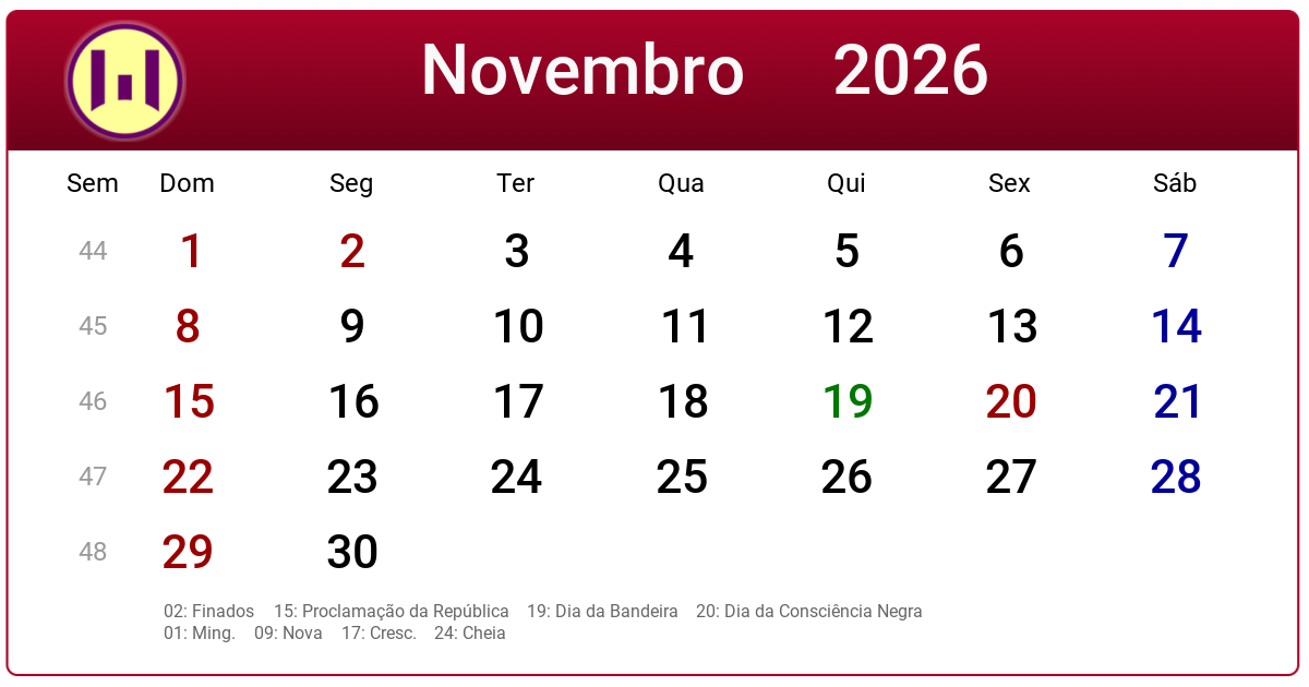 Calendário 2026 - Novembro - Brasil com feriados e fases da lua