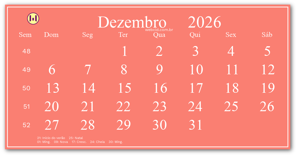 Calendário 2026 - Dezembro - Brasil com feriados e fases da lua