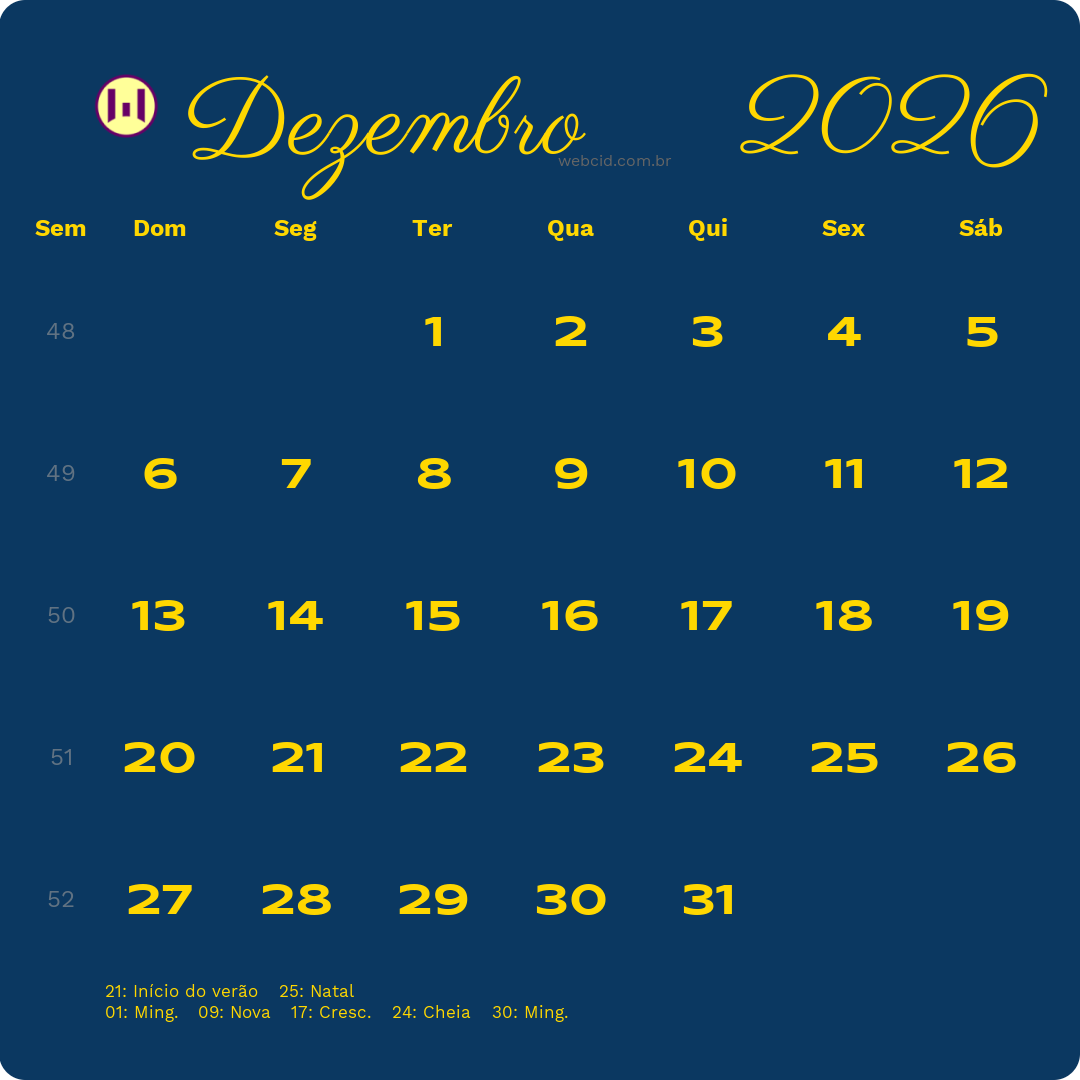 Calendário 2026 - Dezembro - Brasil com feriados e fases da lua