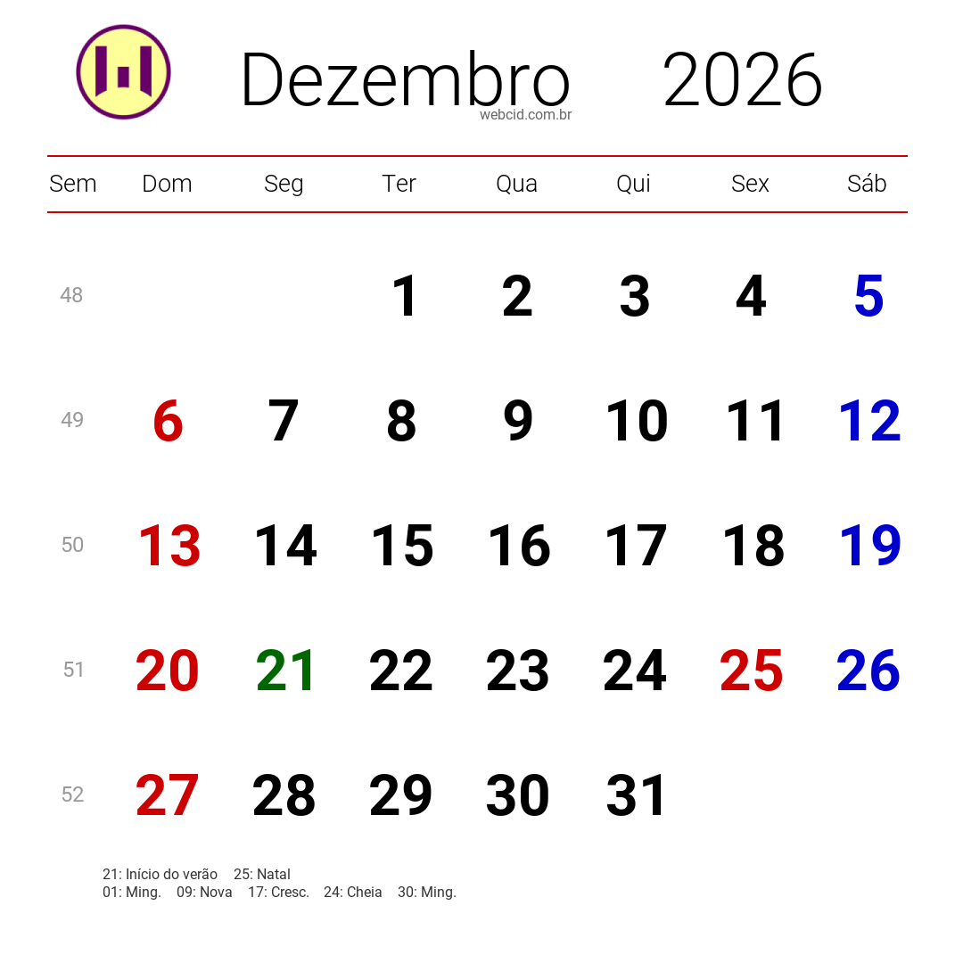Calendário 2026 - Dezembro - Brasil com feriados e fases da lua