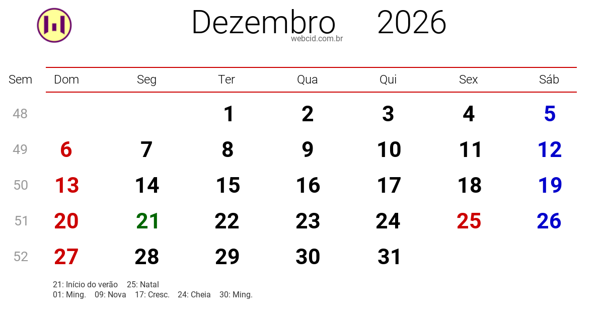 Calendário 2026 - Dezembro - Brasil com feriados e fases da lua