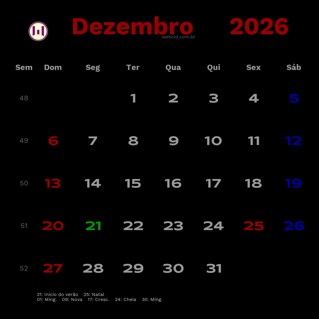 Calendário 2026 - Dezembro - Brasil com feriados e fases da lua