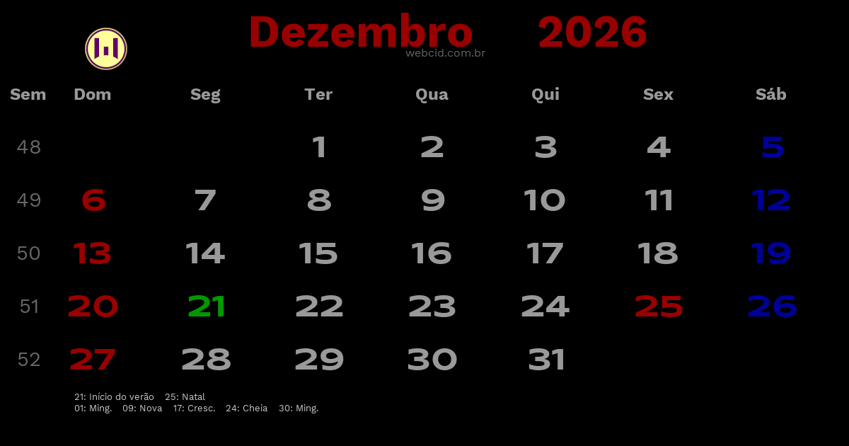 Calendário 2026 - Dezembro - Brasil com feriados e fases da lua