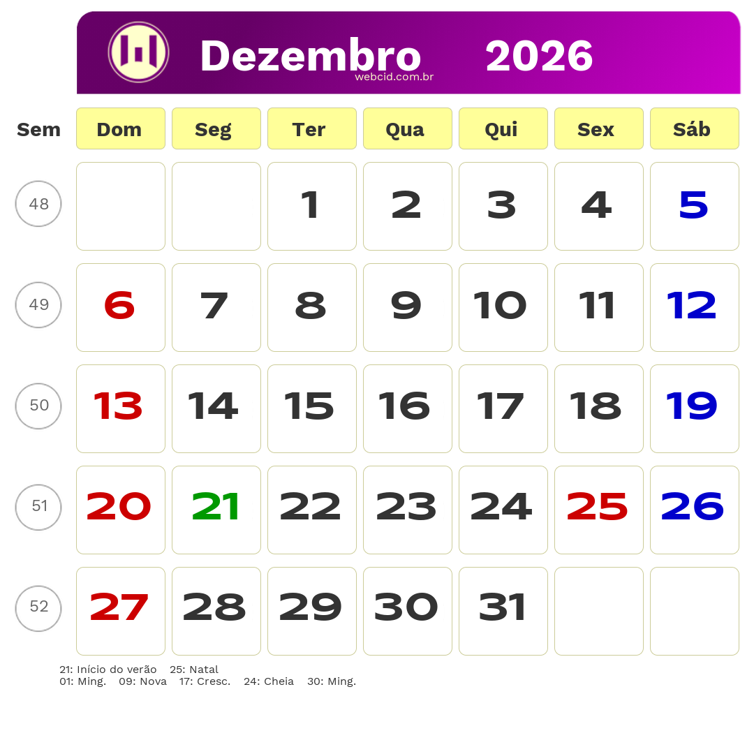 Calendário 2026 - Dezembro - Brasil com feriados e fases da lua