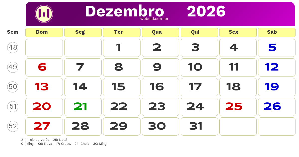 Calendário 2026 - Dezembro - Brasil com feriados e fases da lua