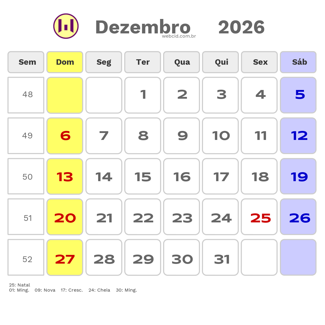Calendário 2026 - Dezembro - Angola com feriados e fases da lua