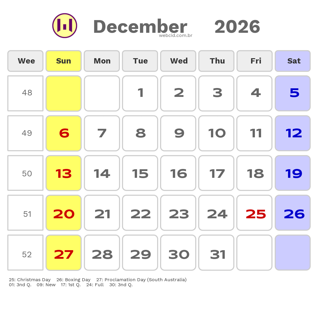 Calendar 2026 - December - Austrália com feriados e fases da lua