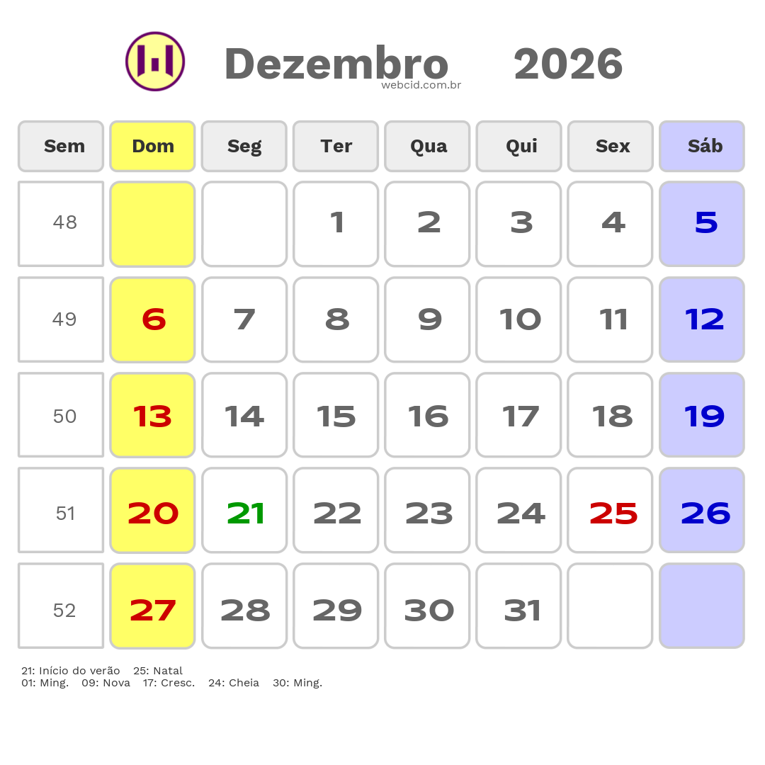 Calendário 2026 - Dezembro - Brasil com feriados e fases da lua