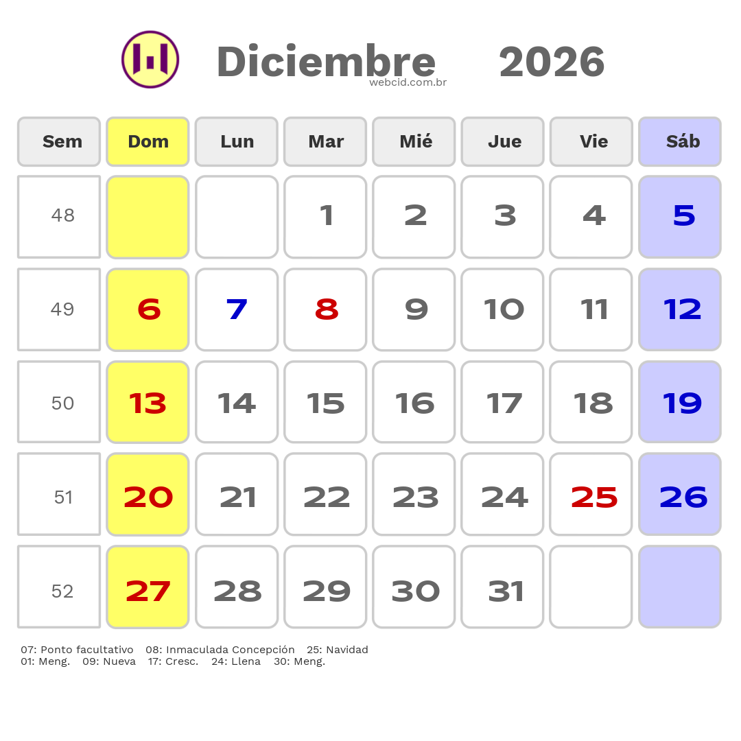 Calendario 2026 - Diciembre - Chile com feriados e fases da lua