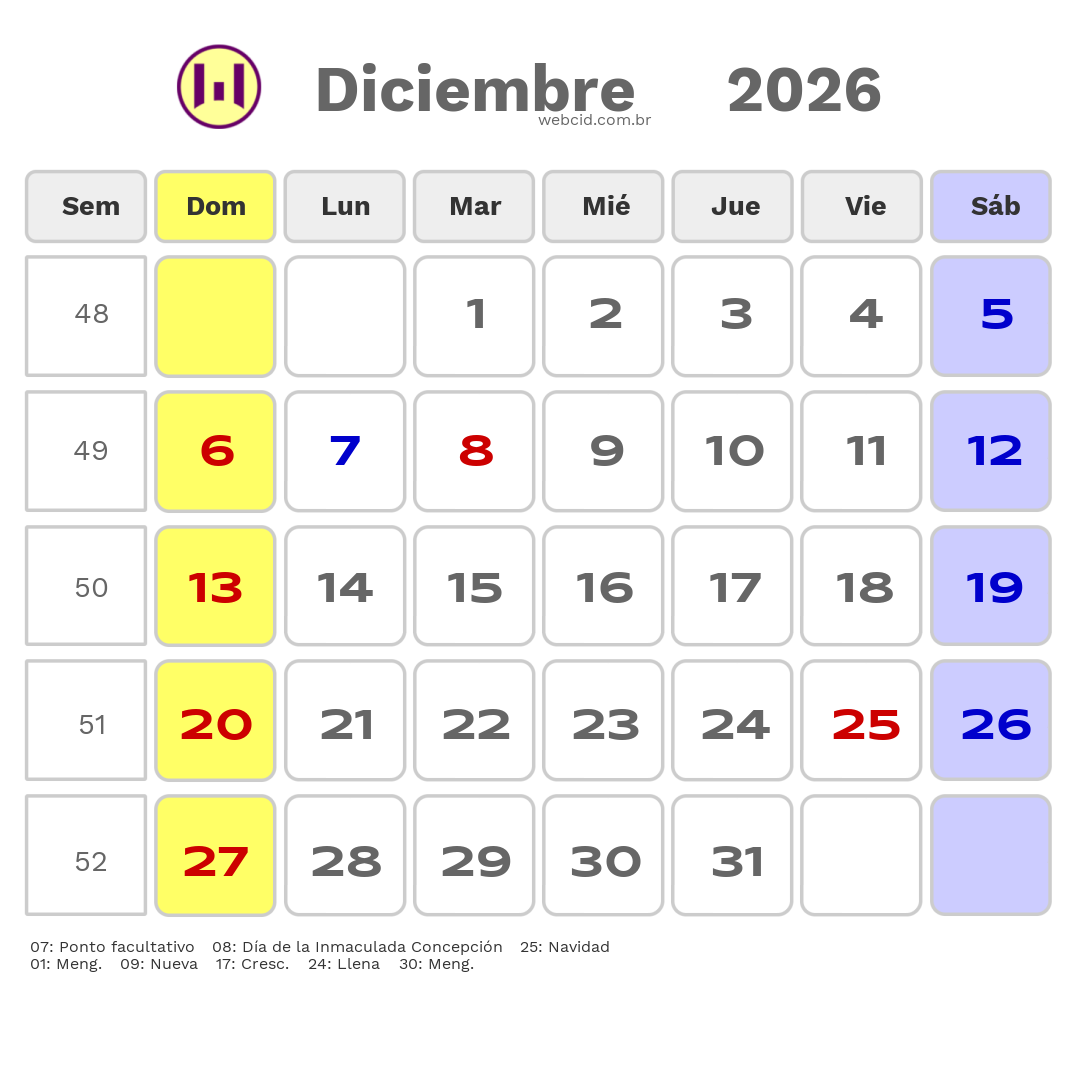 Calendario 2026 - Diciembre - Colômbia com feriados e fases da lua