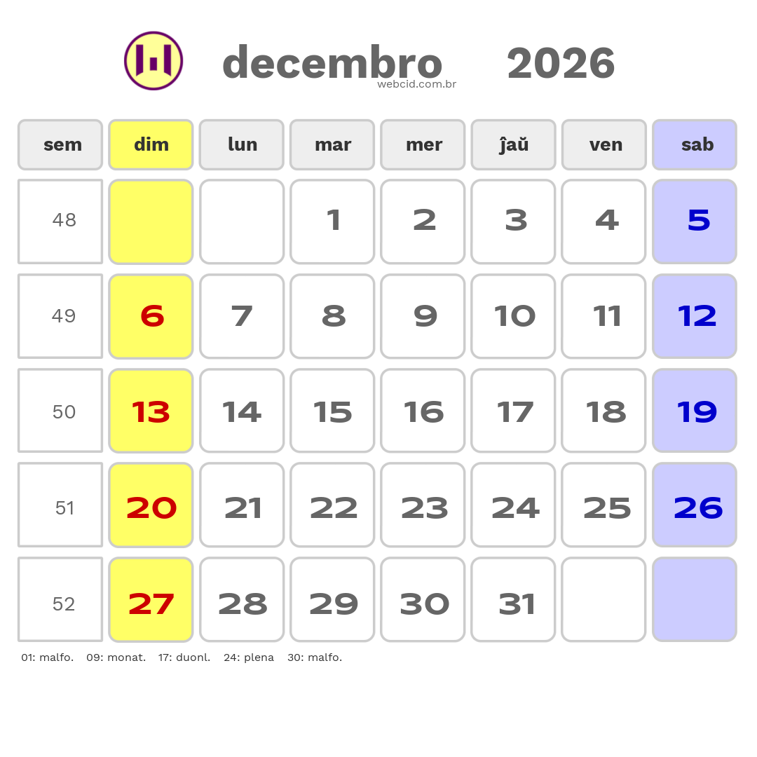 Kalendaro 2026 - decembro - Esperanto-ESPERANTO com feriados e fases da lua