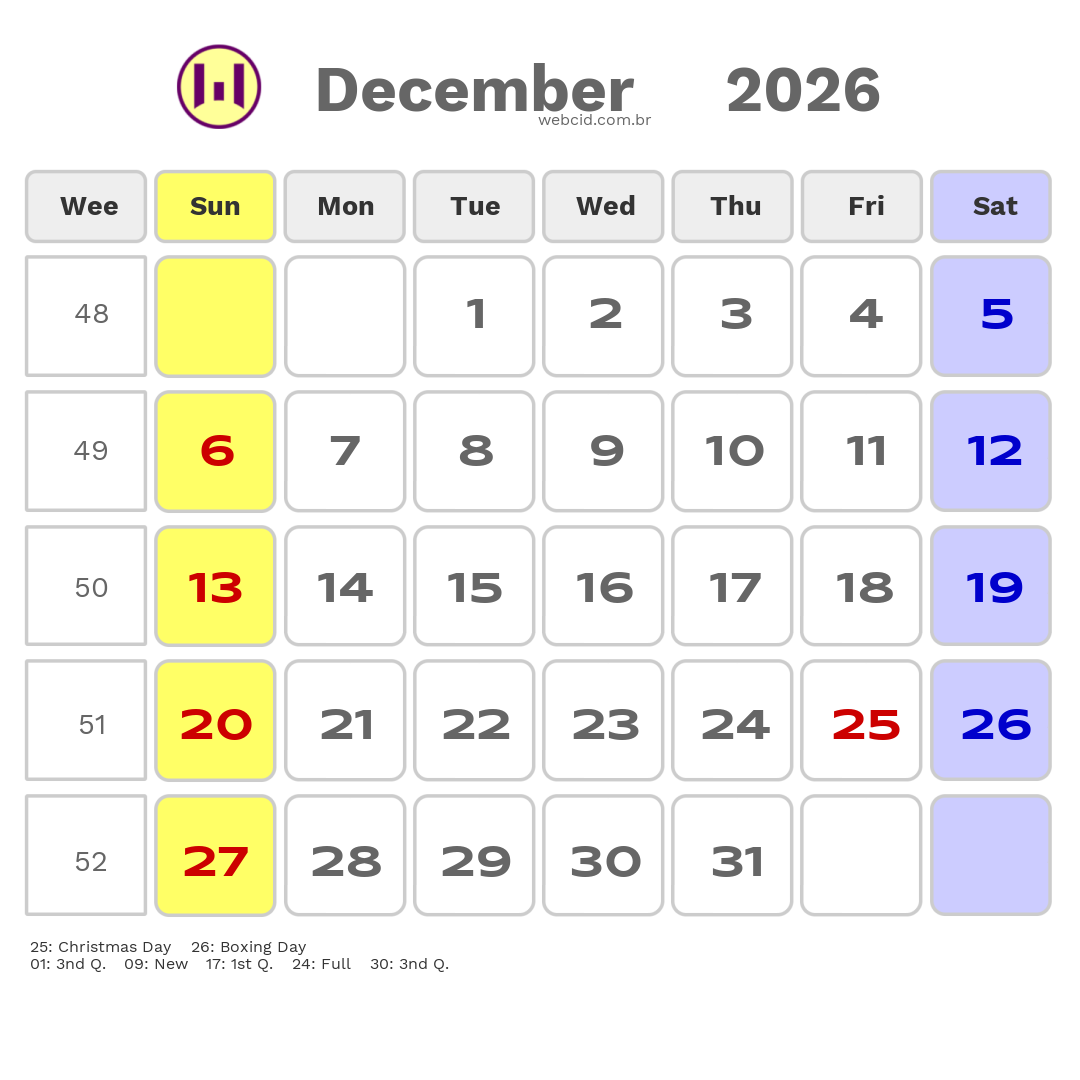 Calendar 2026 - December - Guyana com feriados e fases da lua