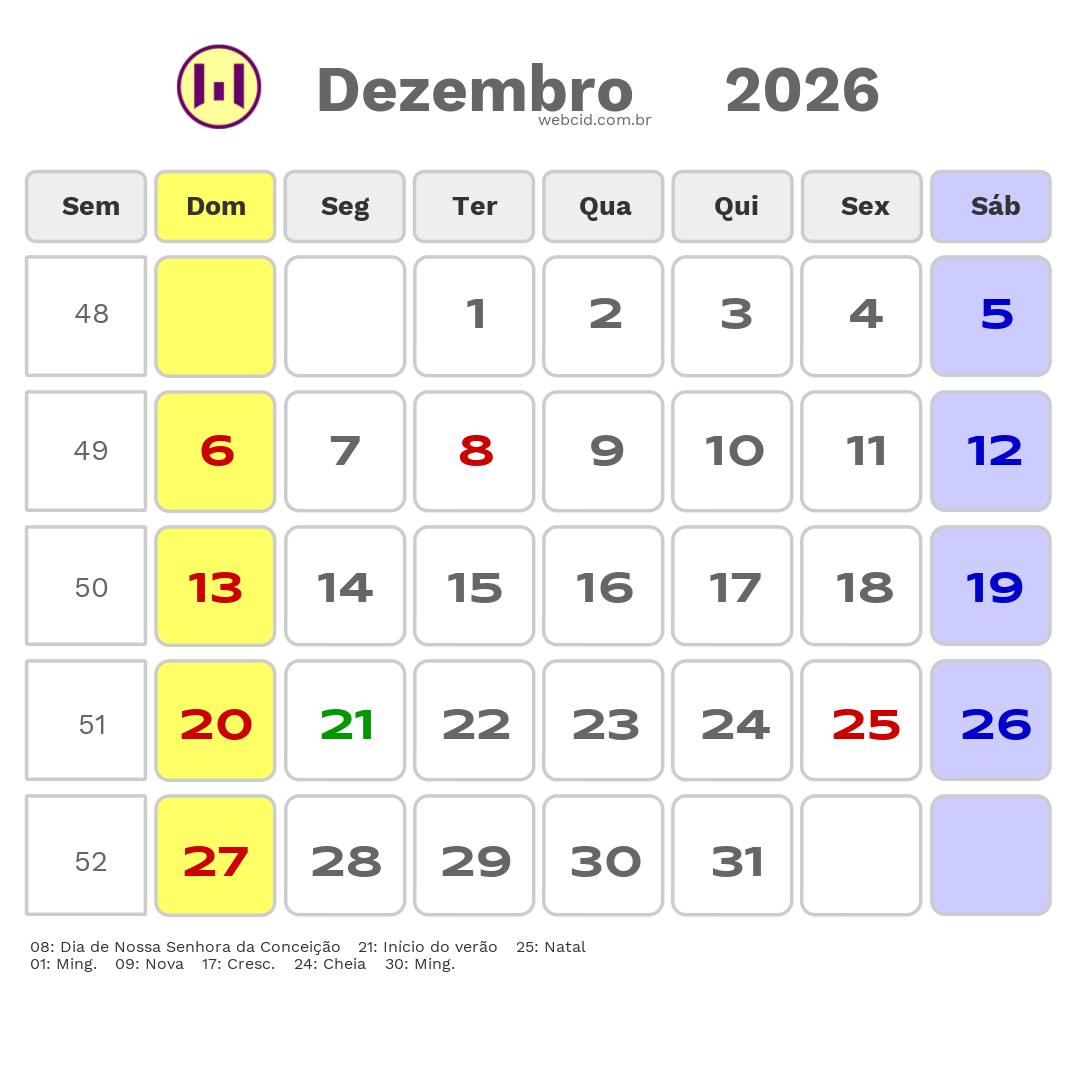 Calendário 2026 - Dezembro - Governador Nunes Freire-MA com feriados e fases da lua