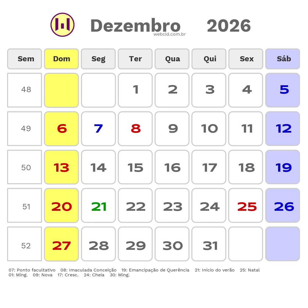 Calendário 2026 - Dezembro - Querência-MT com feriados e fases da lua