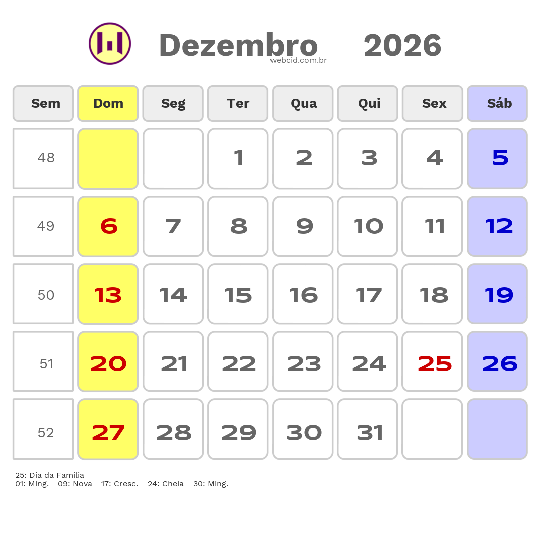 Calendário 2026 - Dezembro - Moçambique com feriados e fases da lua