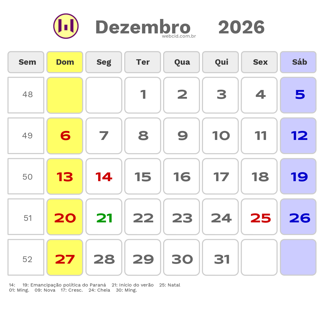 Calendário 2026 - Dezembro - Marilandia do Sul-PR com feriados e fases da lua