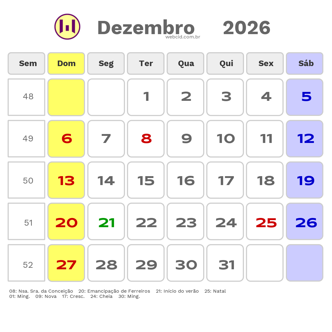 Calendário 2026 - Dezembro - Ferreiros-PE com feriados e fases da lua