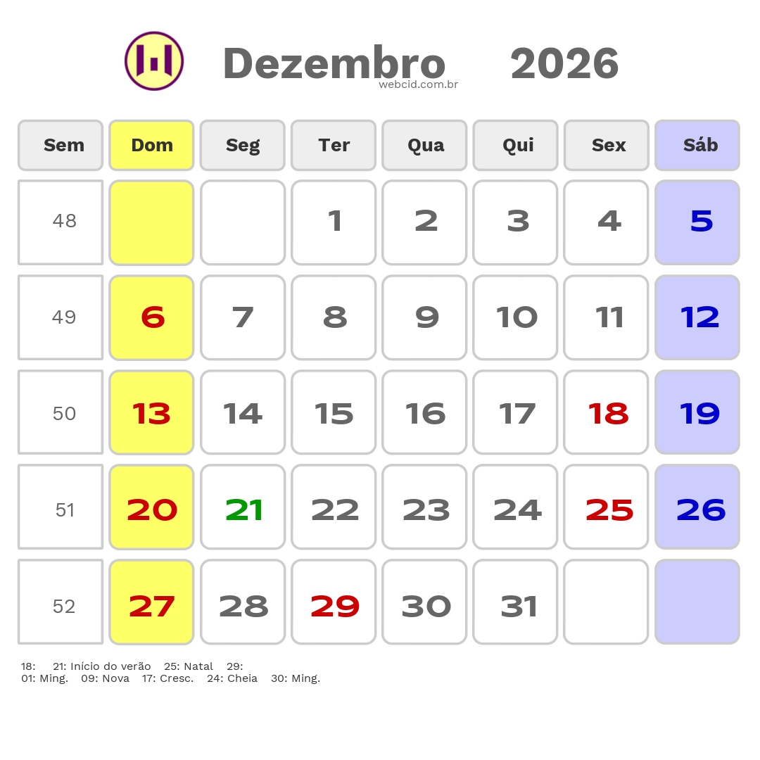 Calendário 2026 - Dezembro - Balneario Gaivota-SC com feriados e fases da lua