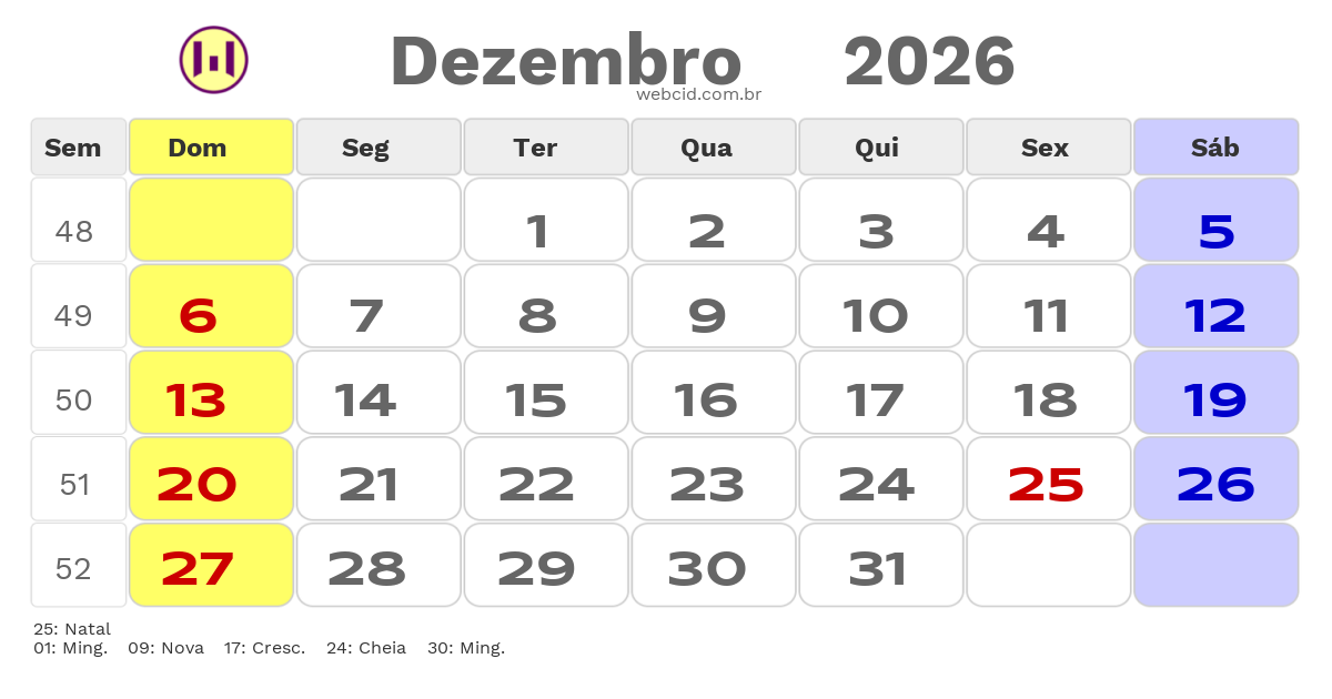 Calendário 2026 - Dezembro - Angola com feriados e fases da lua