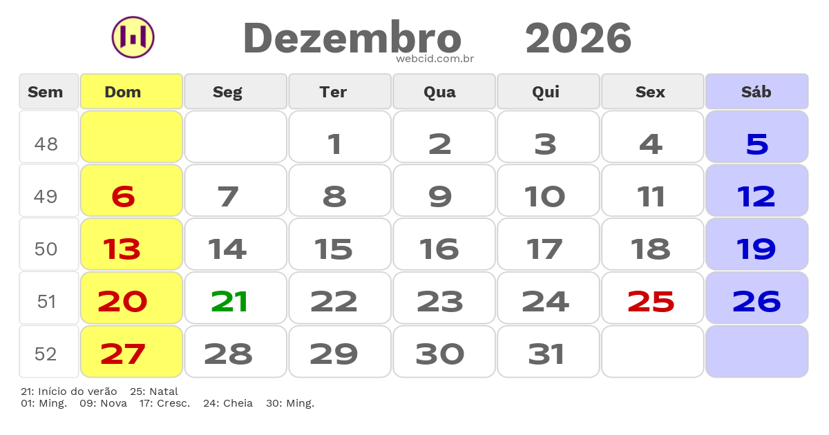 Calendário 2026 - Dezembro - Brasil com feriados e fases da lua