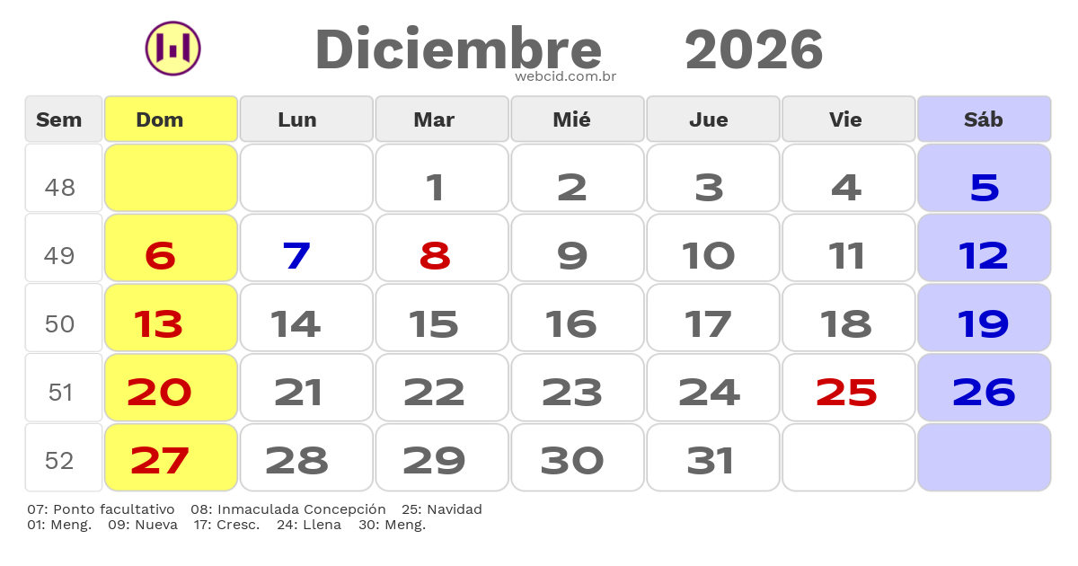 Calendario 2026 - Diciembre - Chile com feriados e fases da lua