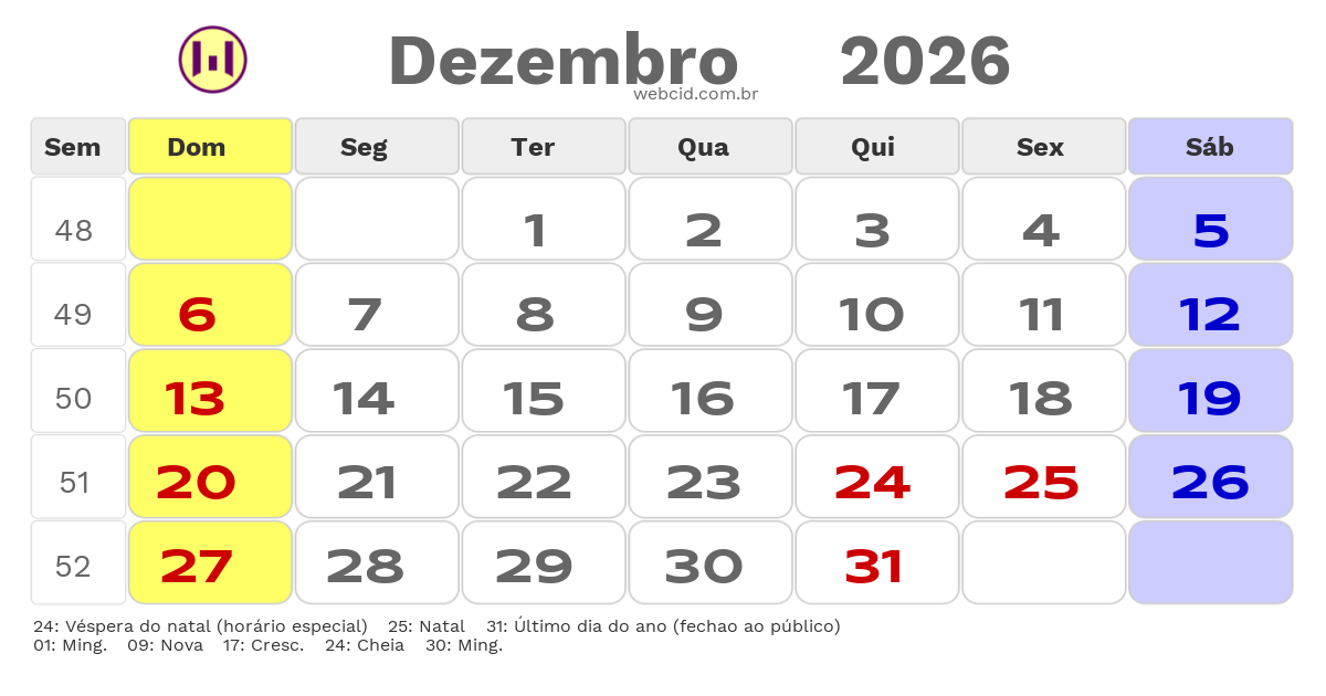 Calendário 2026 - Dezembro - Feriados Bancários com feriados e fases da lua