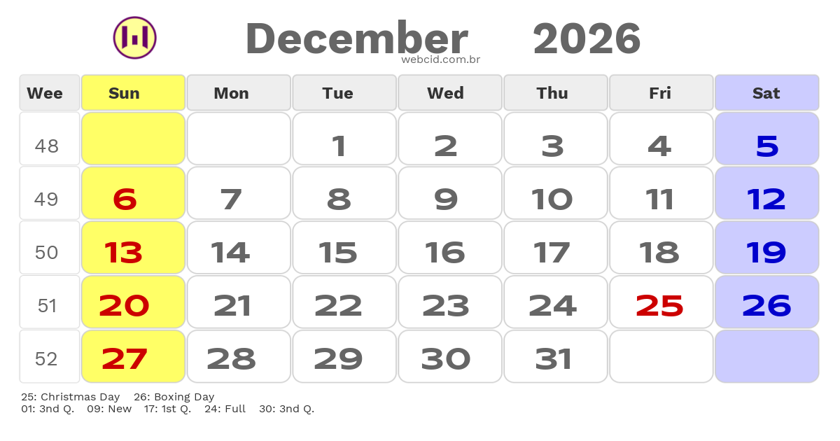 Calendar 2026 - December - Inglaterra com feriados e fases da lua