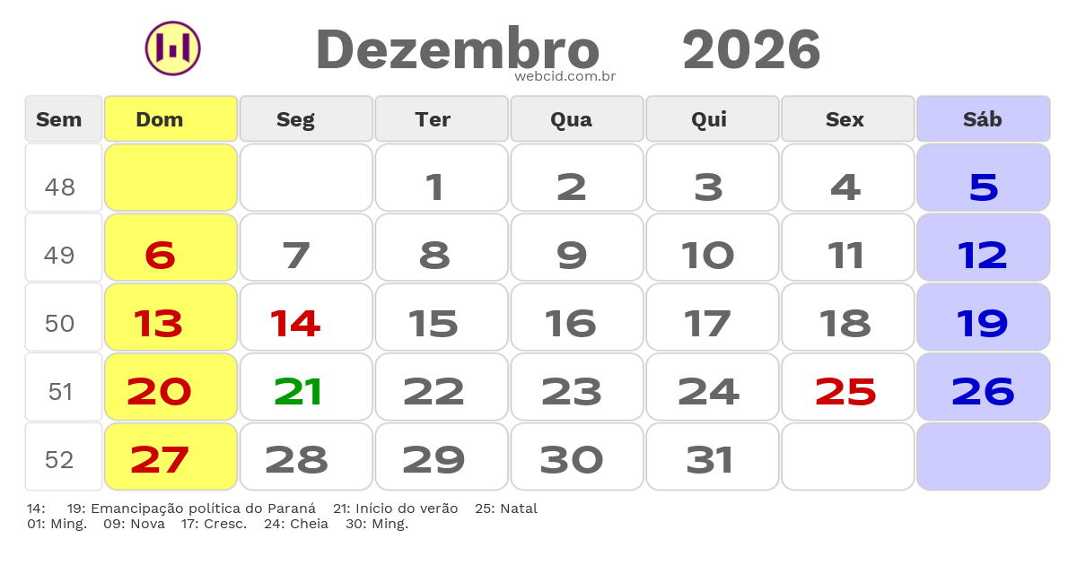 Calendário 2026 - Dezembro - Marilandia do Sul-PR com feriados e fases da lua