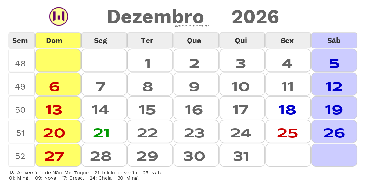 Calendário 2026 - Dezembro - Não-Me-Toque-RS com feriados e fases da lua