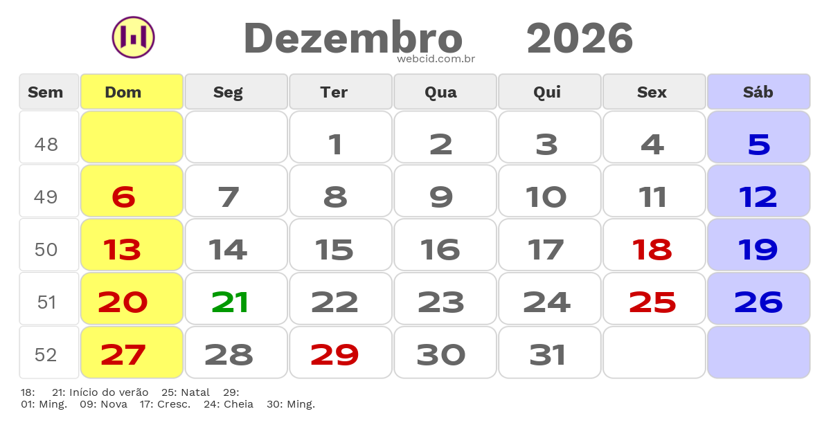 Calendário 2026 - Dezembro - Balneario Gaivota-SC com feriados e fases da lua