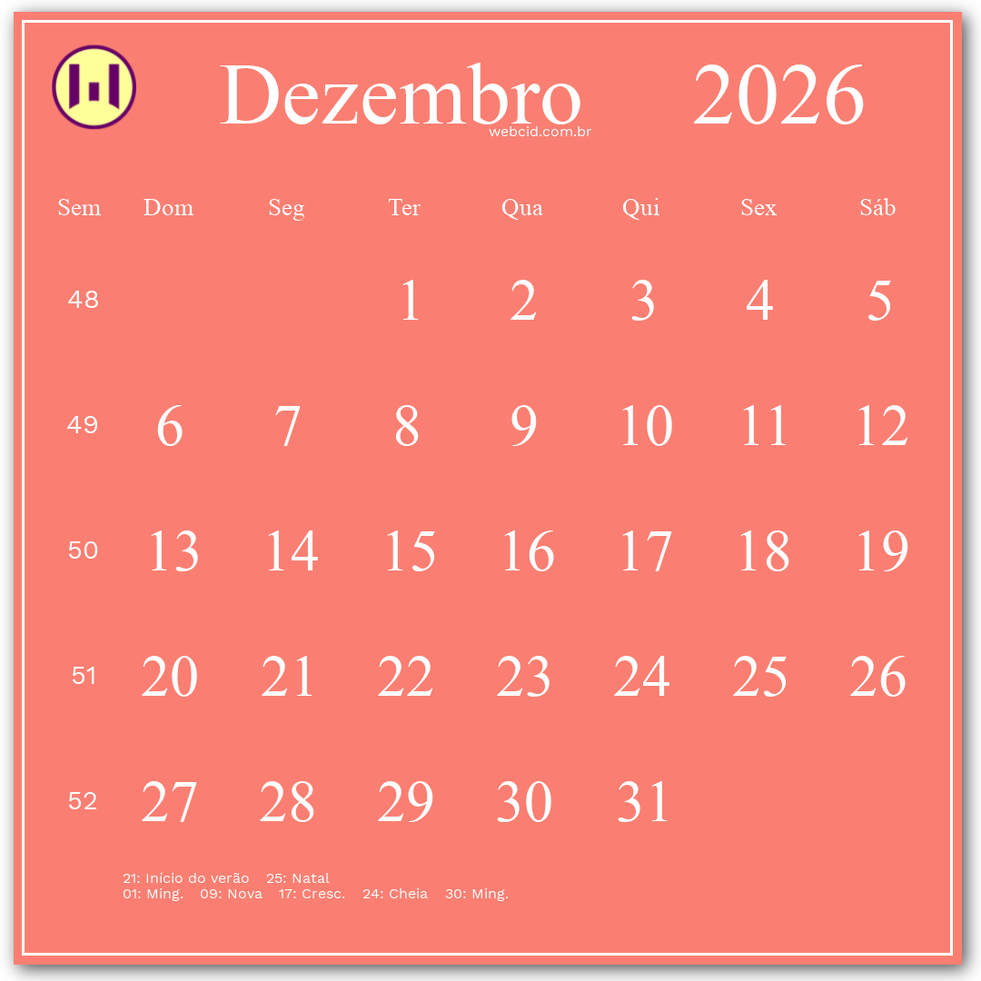 Calendário 2026 - Dezembro - Brasil com feriados e fases da lua