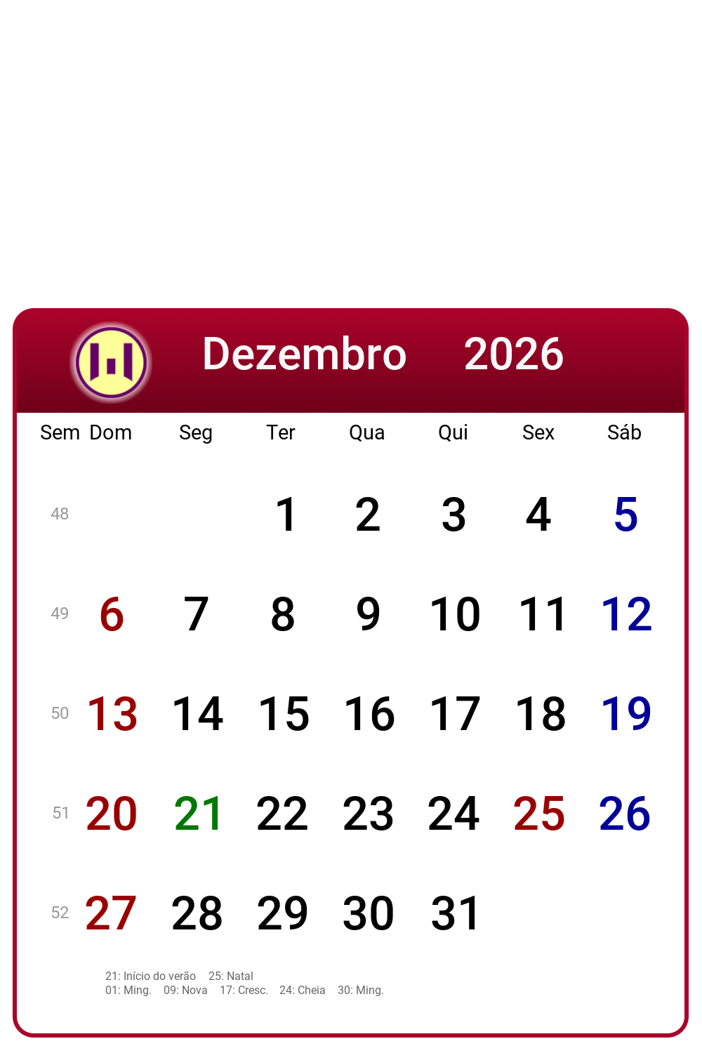 Calendário 2026 - Dezembro - Brasil com feriados e fases da lua