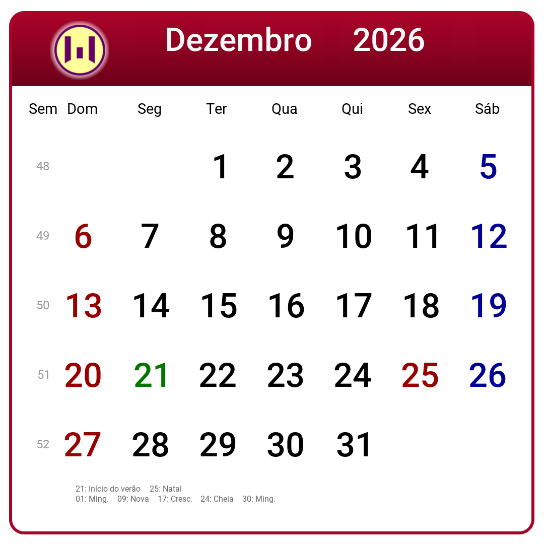 Calendário 2026 - Dezembro - Brasil com feriados e fases da lua