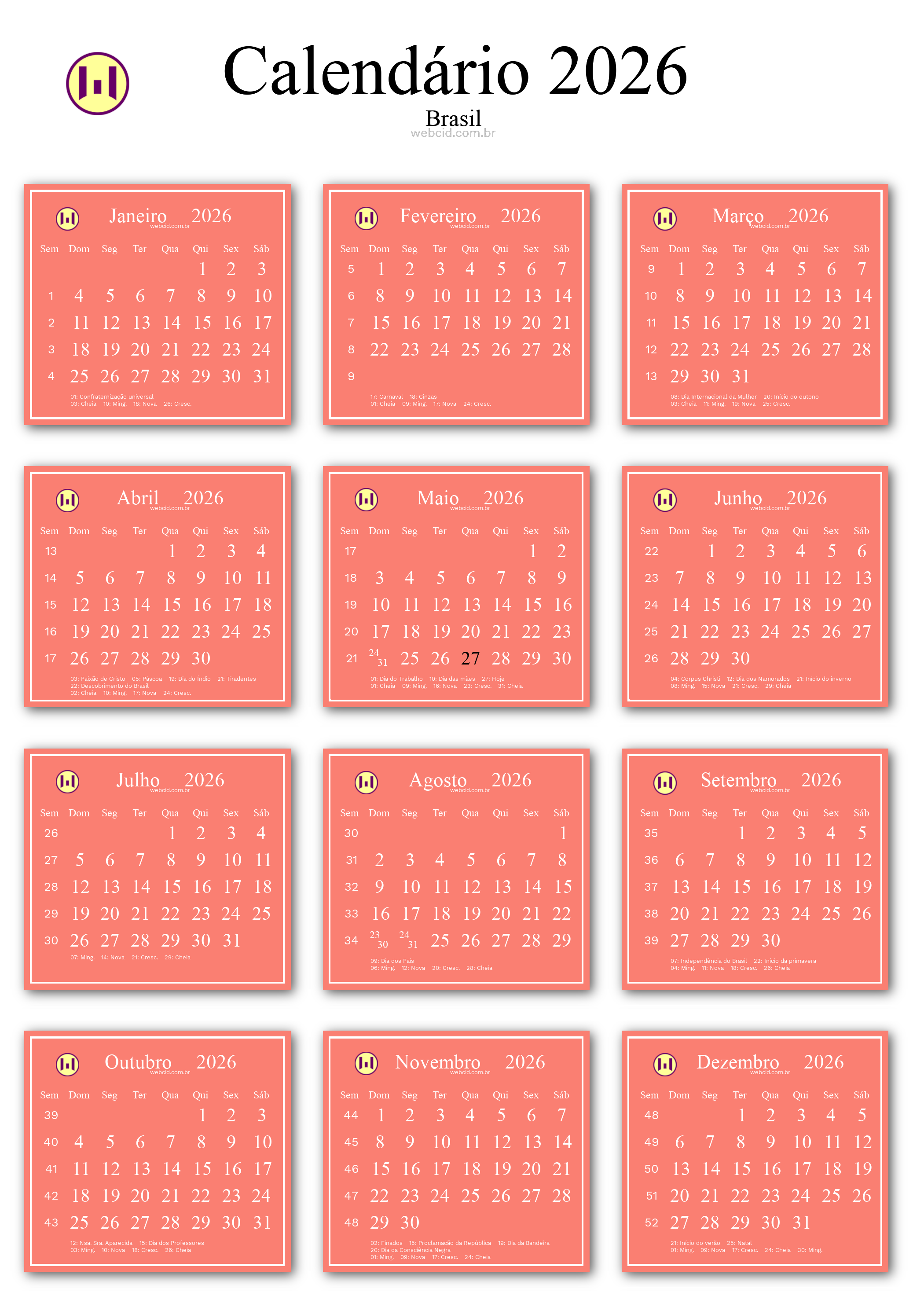 Calendário 2026 - Brasil com feriados e fases da lua