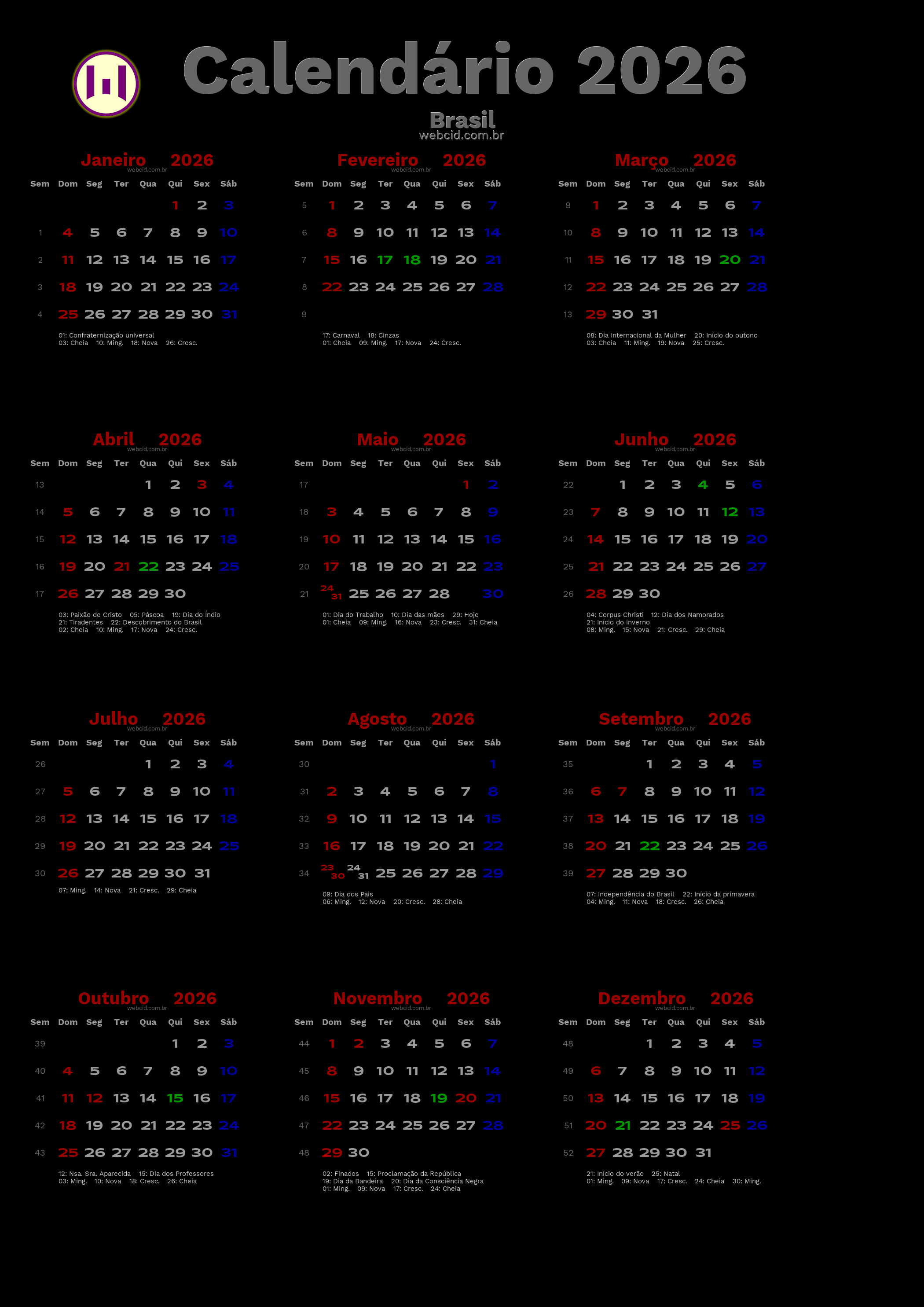 Calendário 2026 - Brasil com feriados e fases da lua