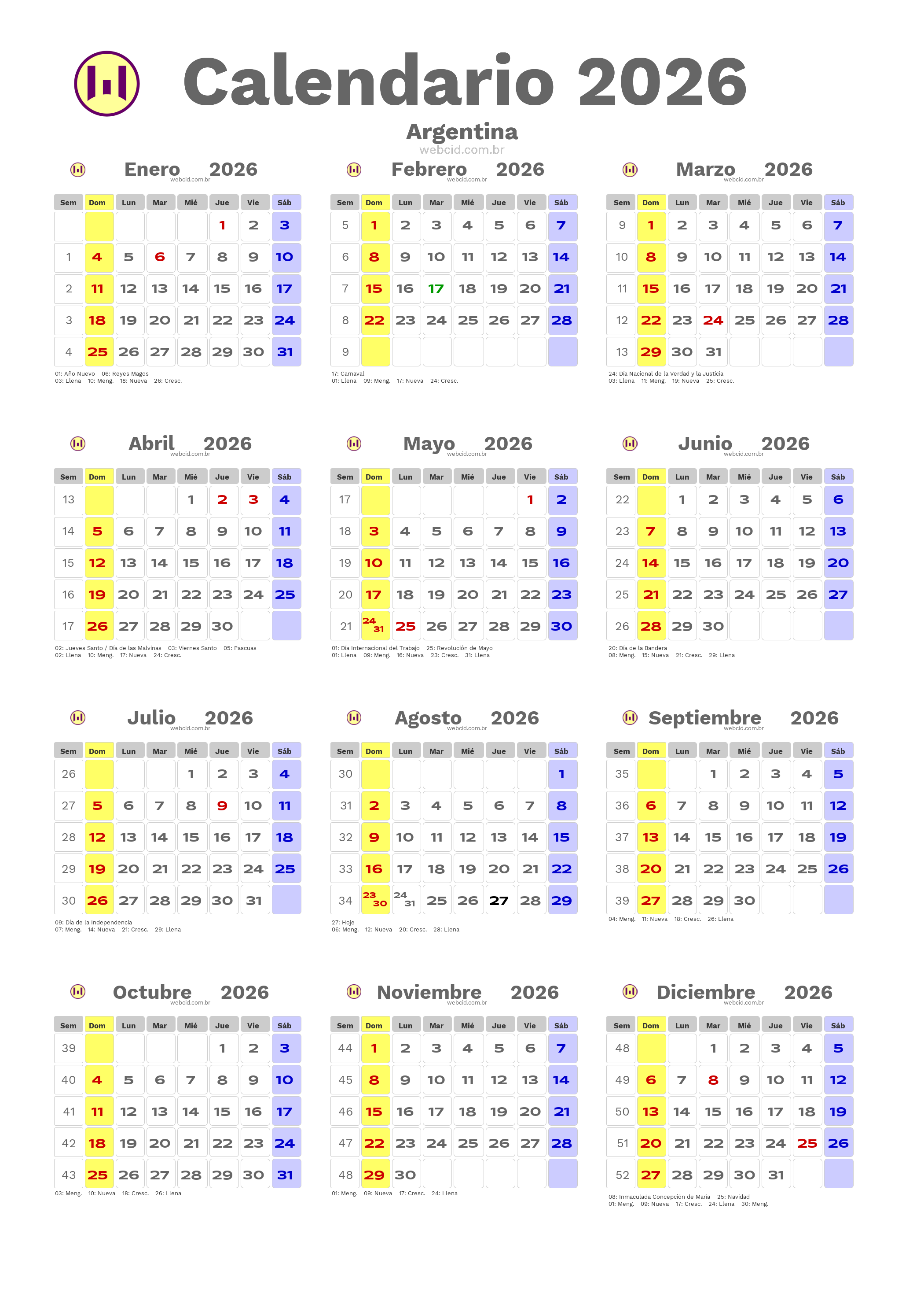 Calendario 2026 - Argentina com feriados e fases da lua