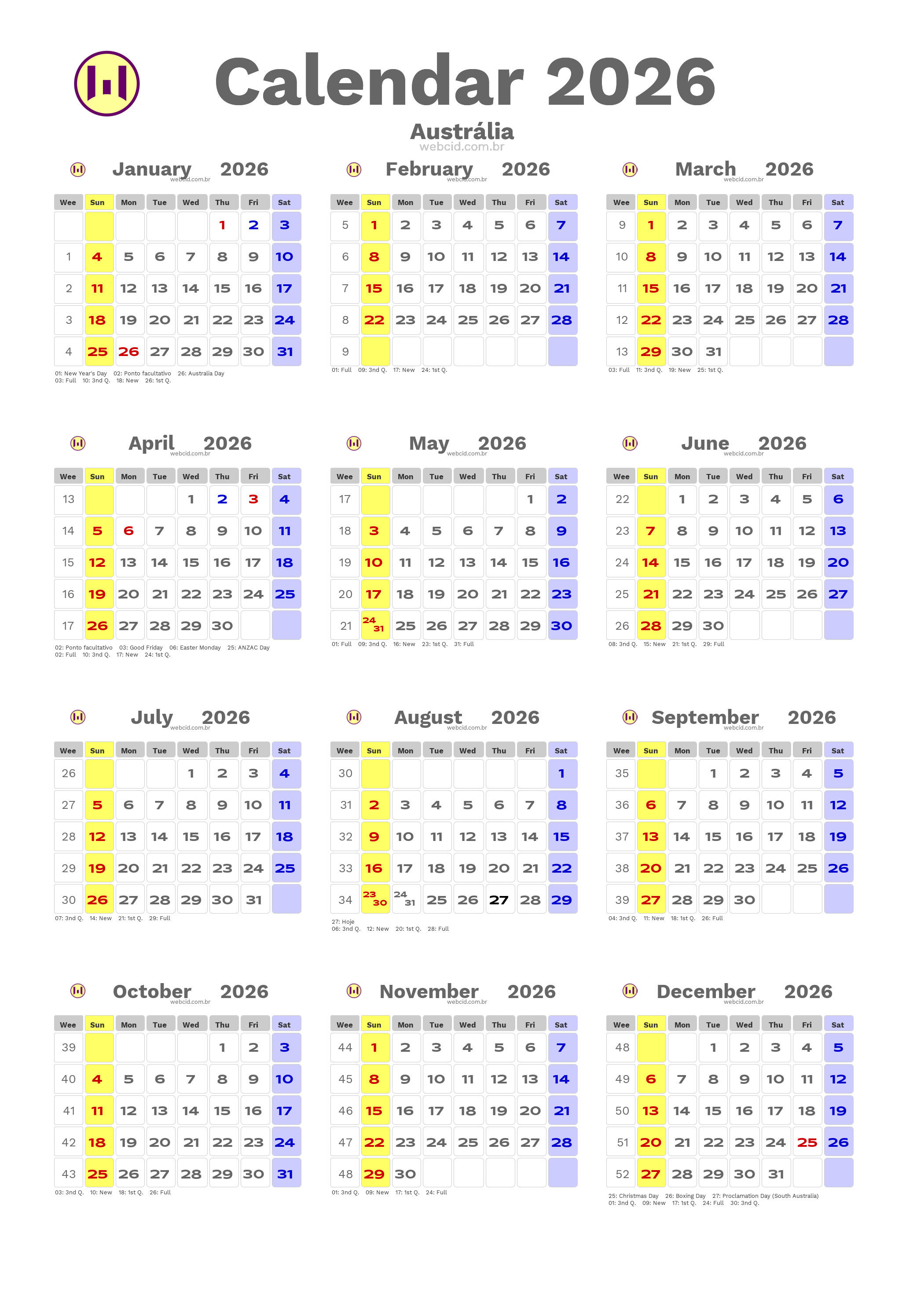 Calendar 2026 - Austrália com feriados e fases da lua