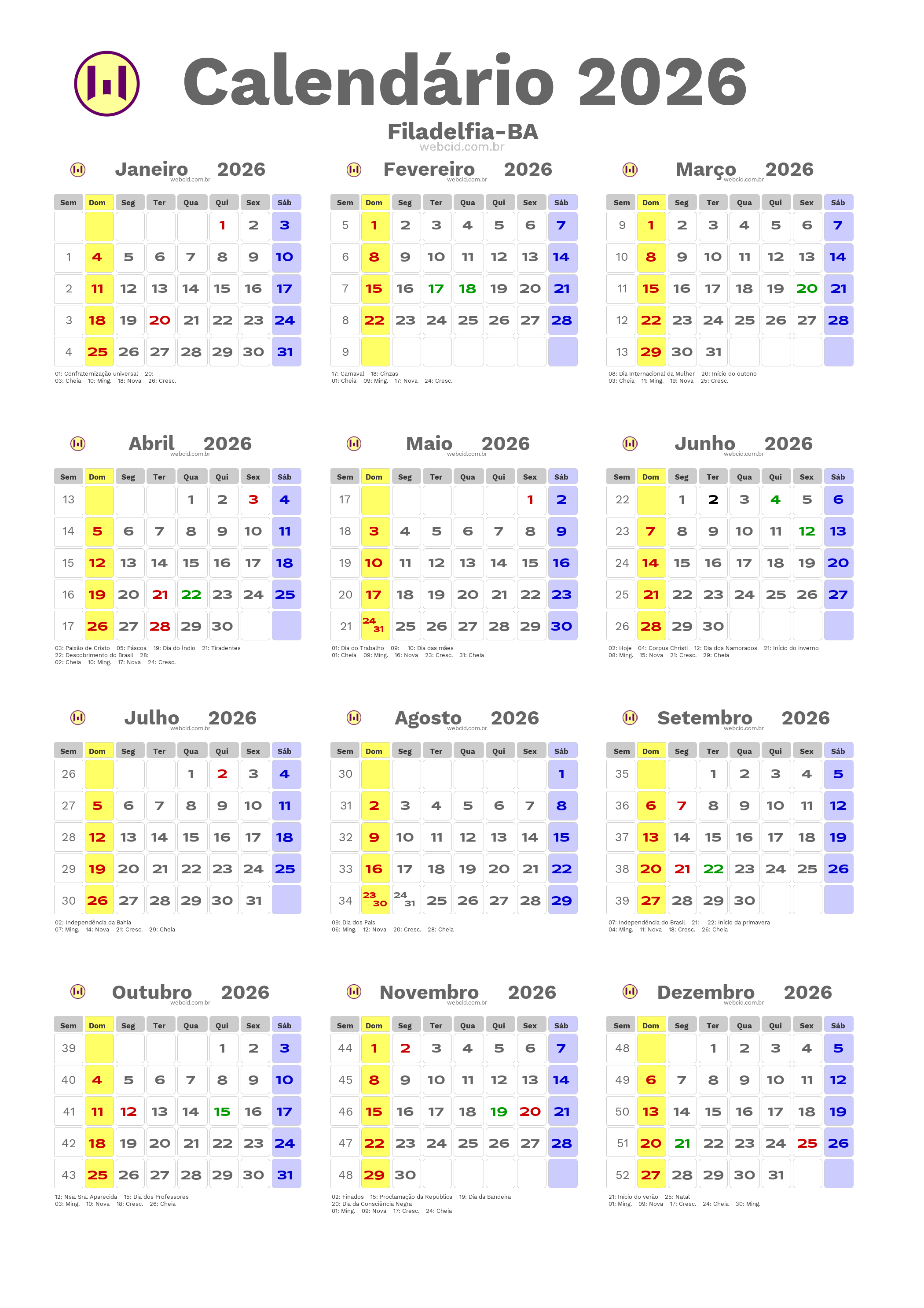 Calendário 2026 - Filadelfia-BA com feriados e fases da lua