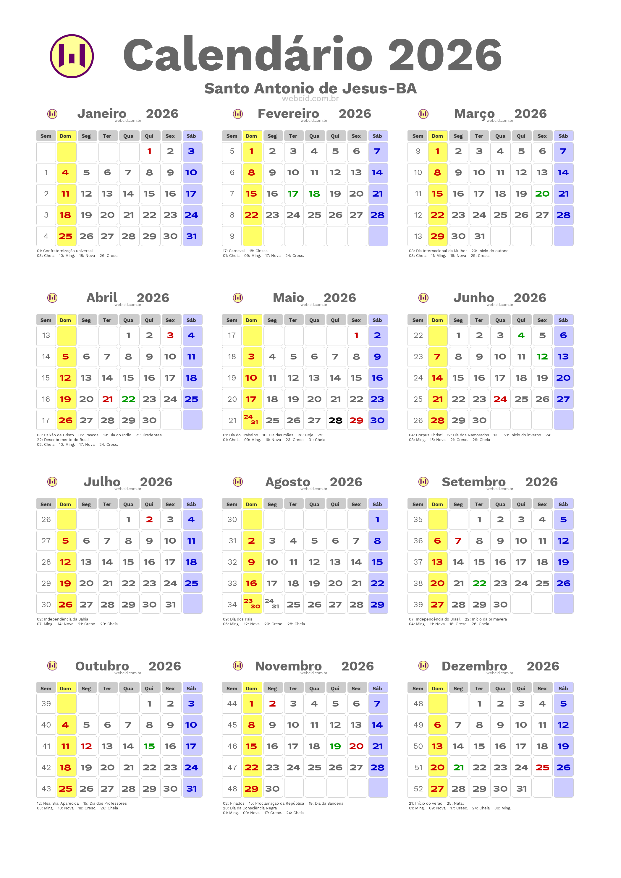Calendário 2026 - Santo Antonio de Jesus-BA com feriados e fases da lua