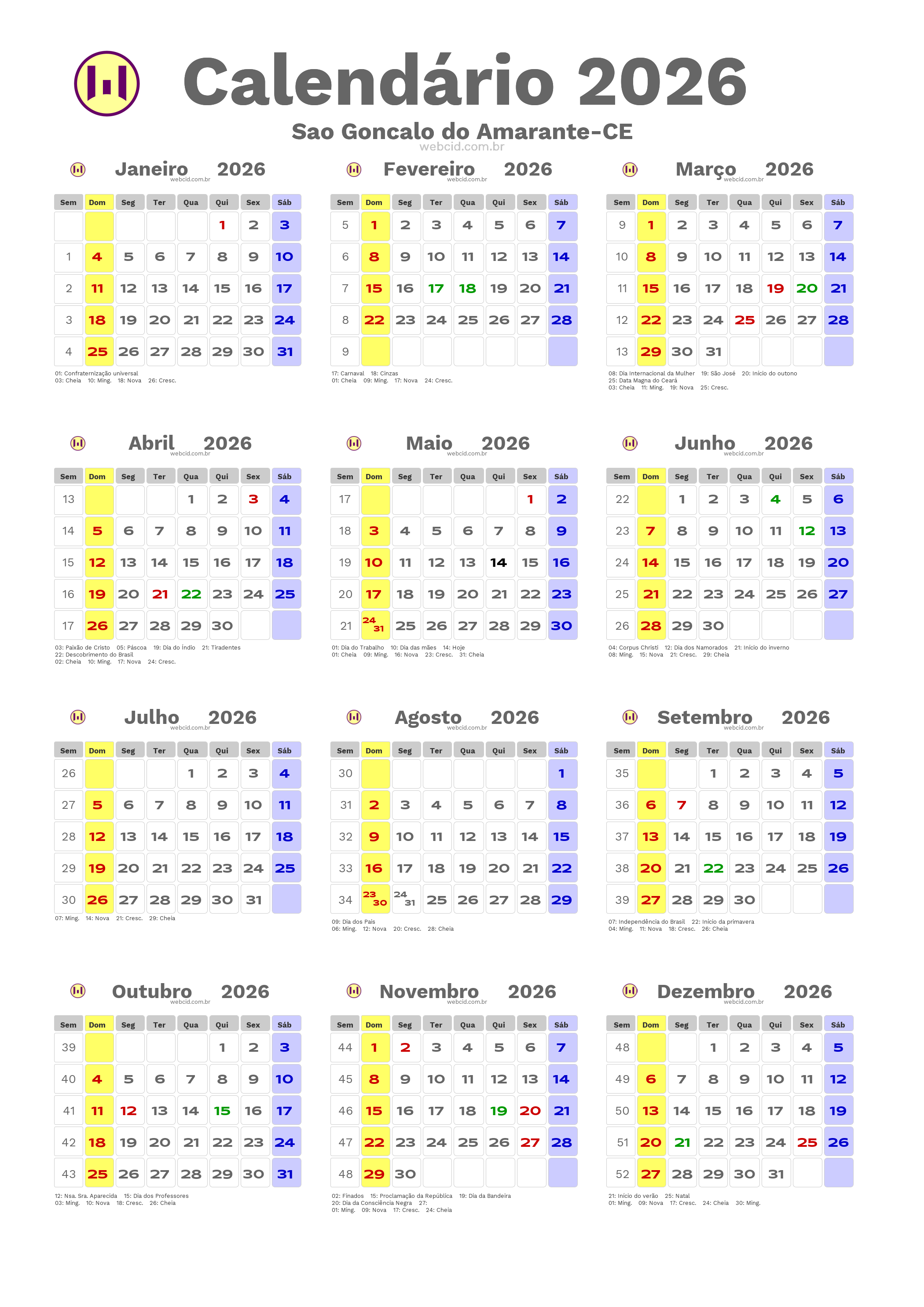 Calendário 2026 - Sao Goncalo do Amarante-CE com feriados e fases da lua