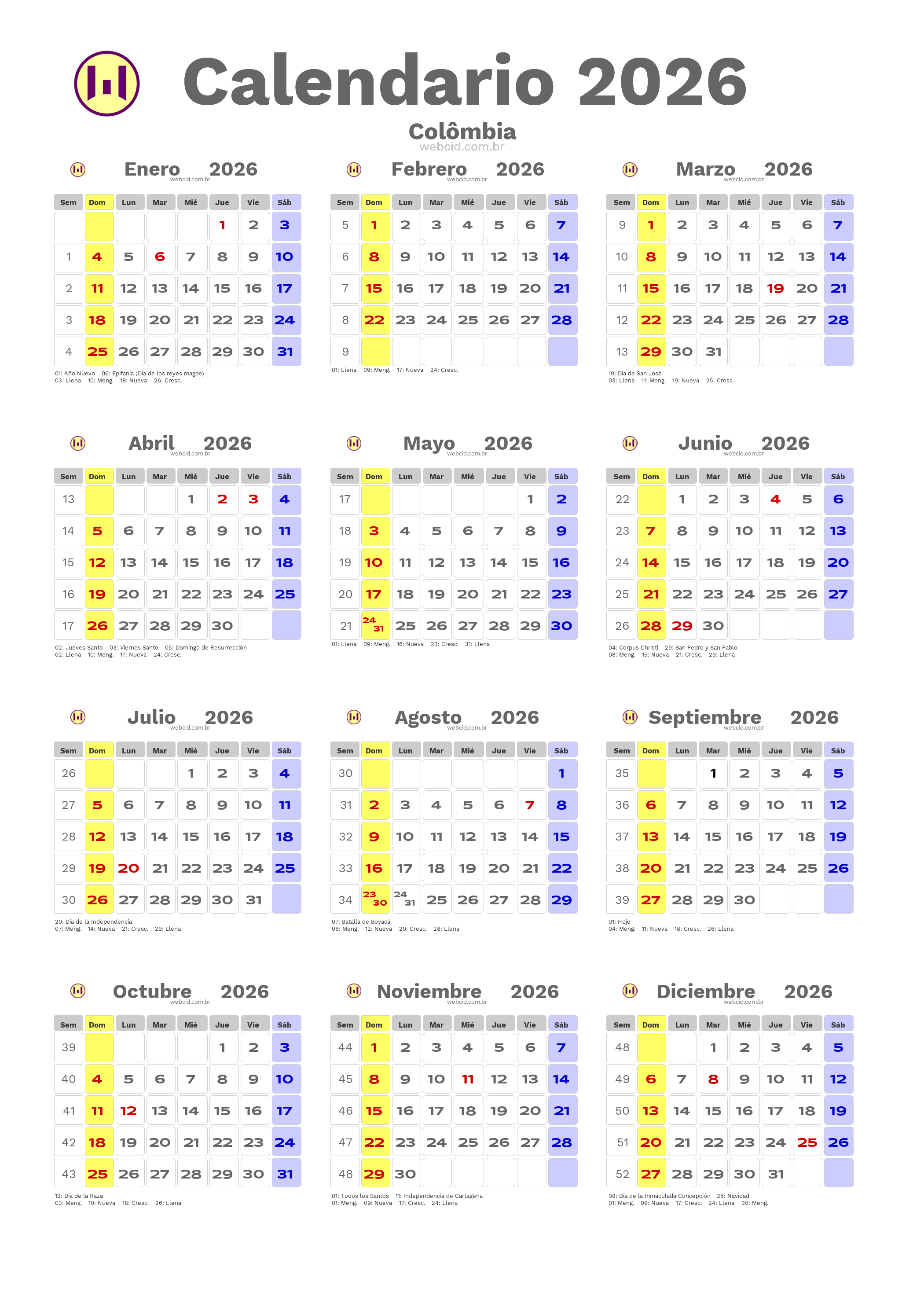 Calendario 2026 - Colômbia com feriados e fases da lua