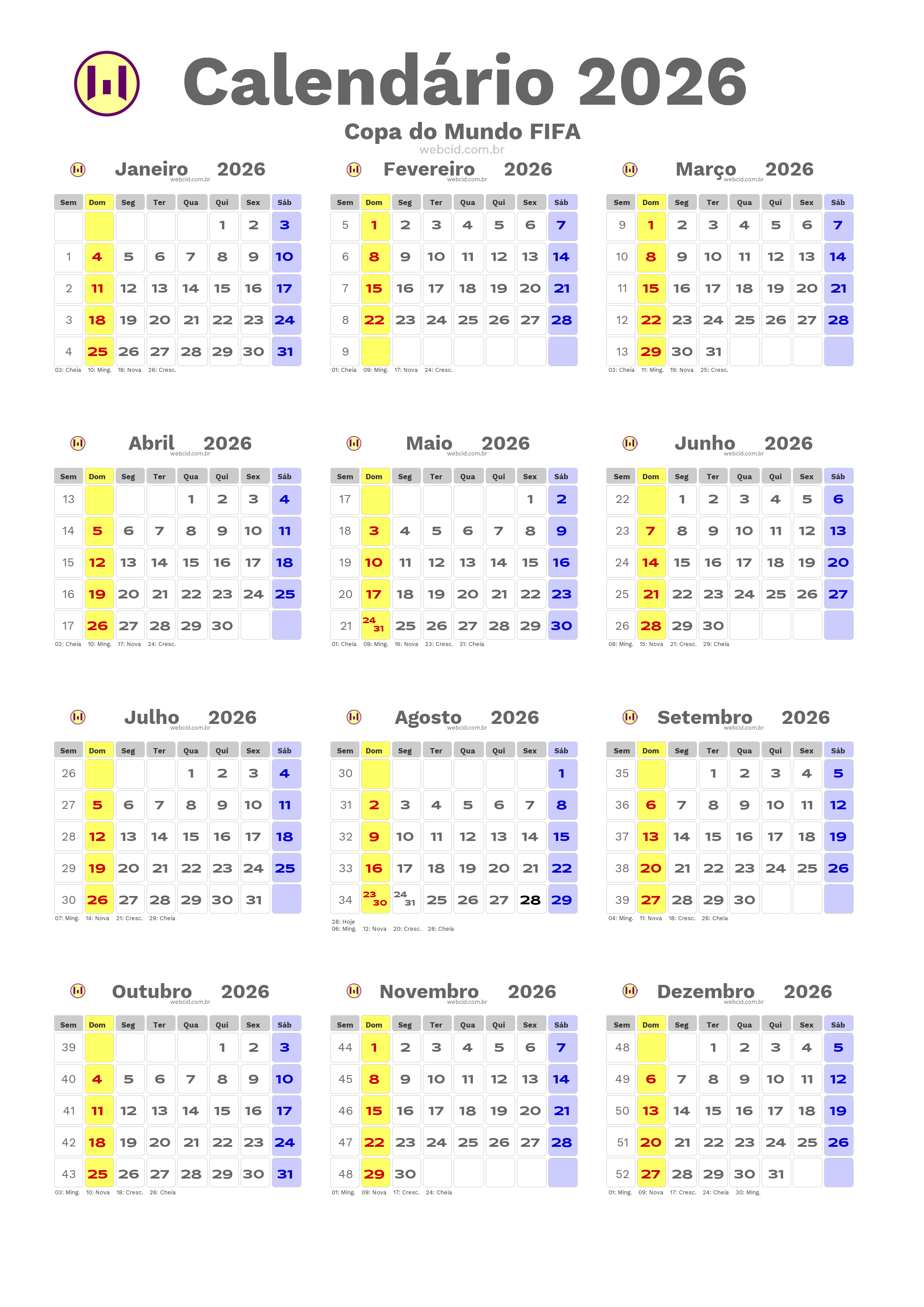Calendário 2026 - Copa do Mundo FIFA com feriados e fases da lua