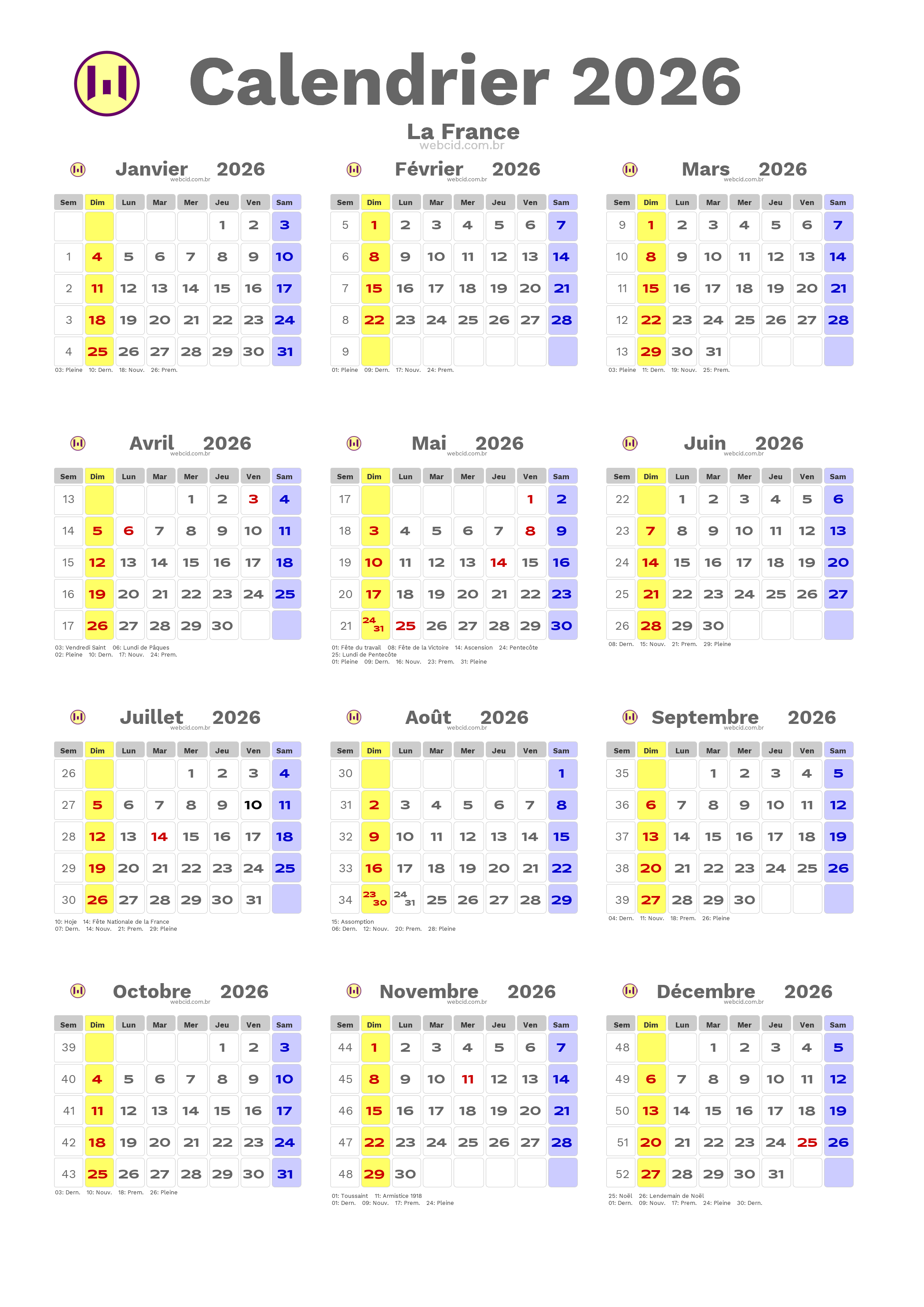 Calendrier 2026 - La France com feriados e fases da lua