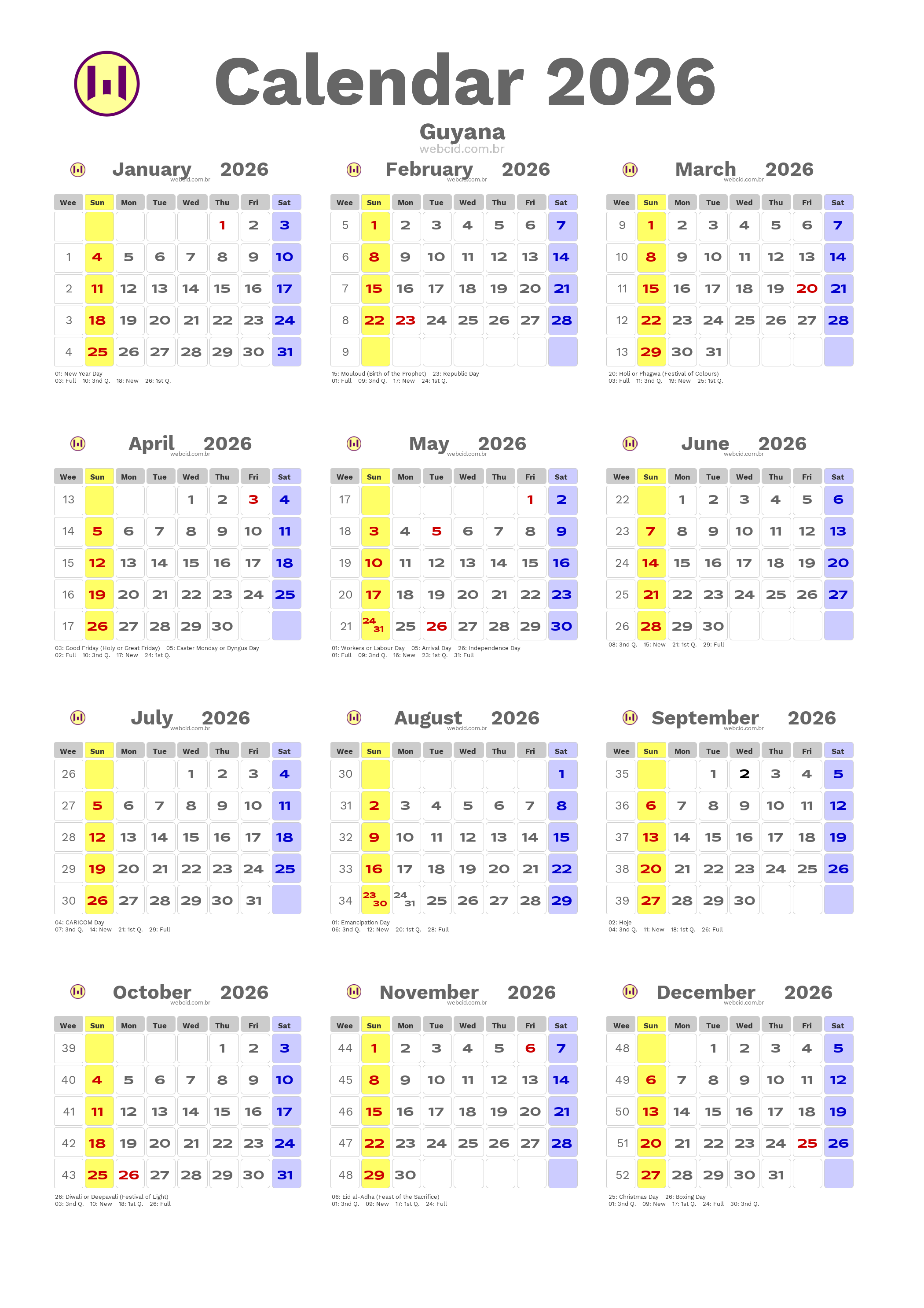Calendar 2026 - Guyana com feriados e fases da lua