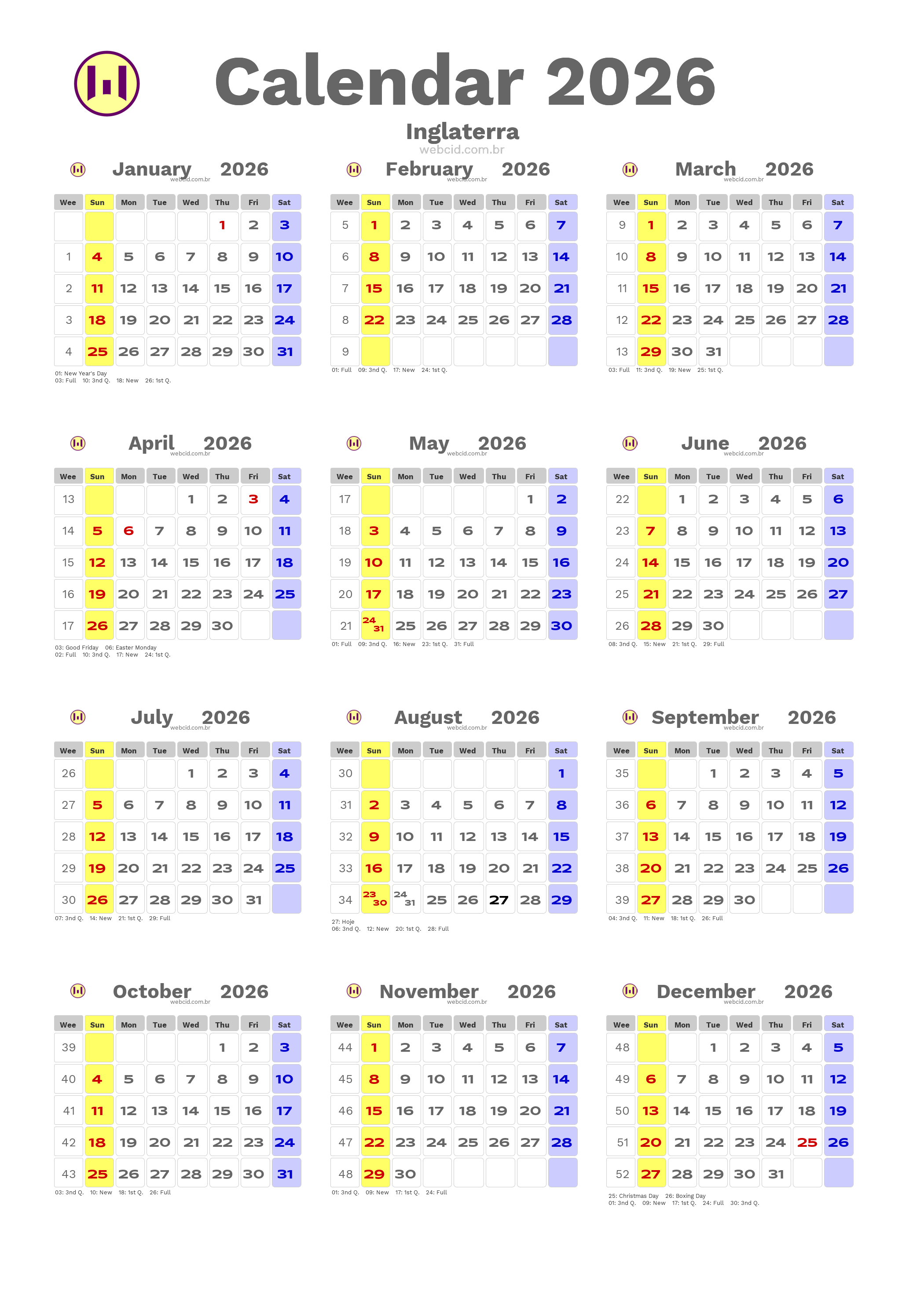 Calendar 2026 - Inglaterra com feriados e fases da lua