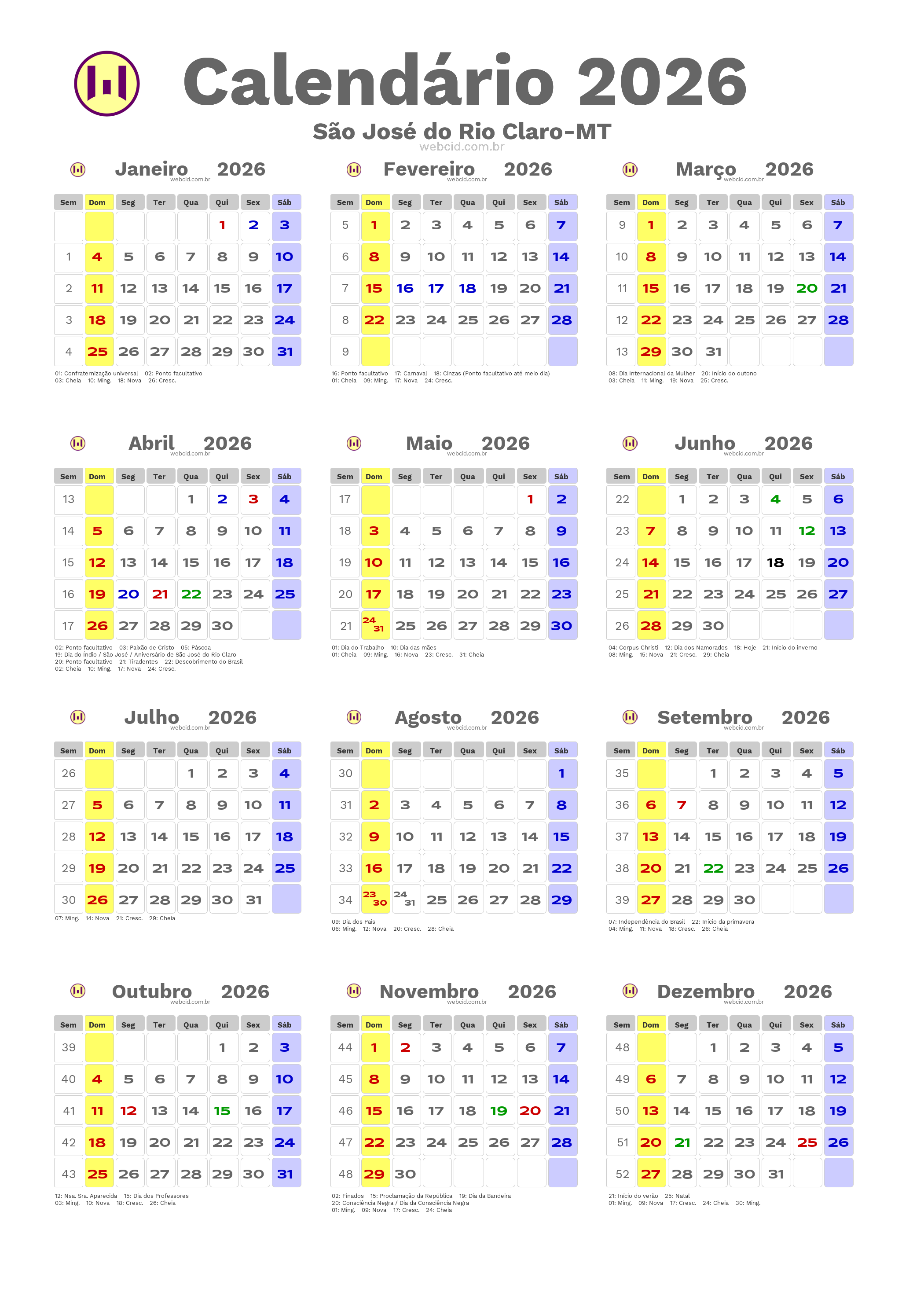 Calendário 2026 - São José do Rio Claro-MT com feriados e fases da lua
