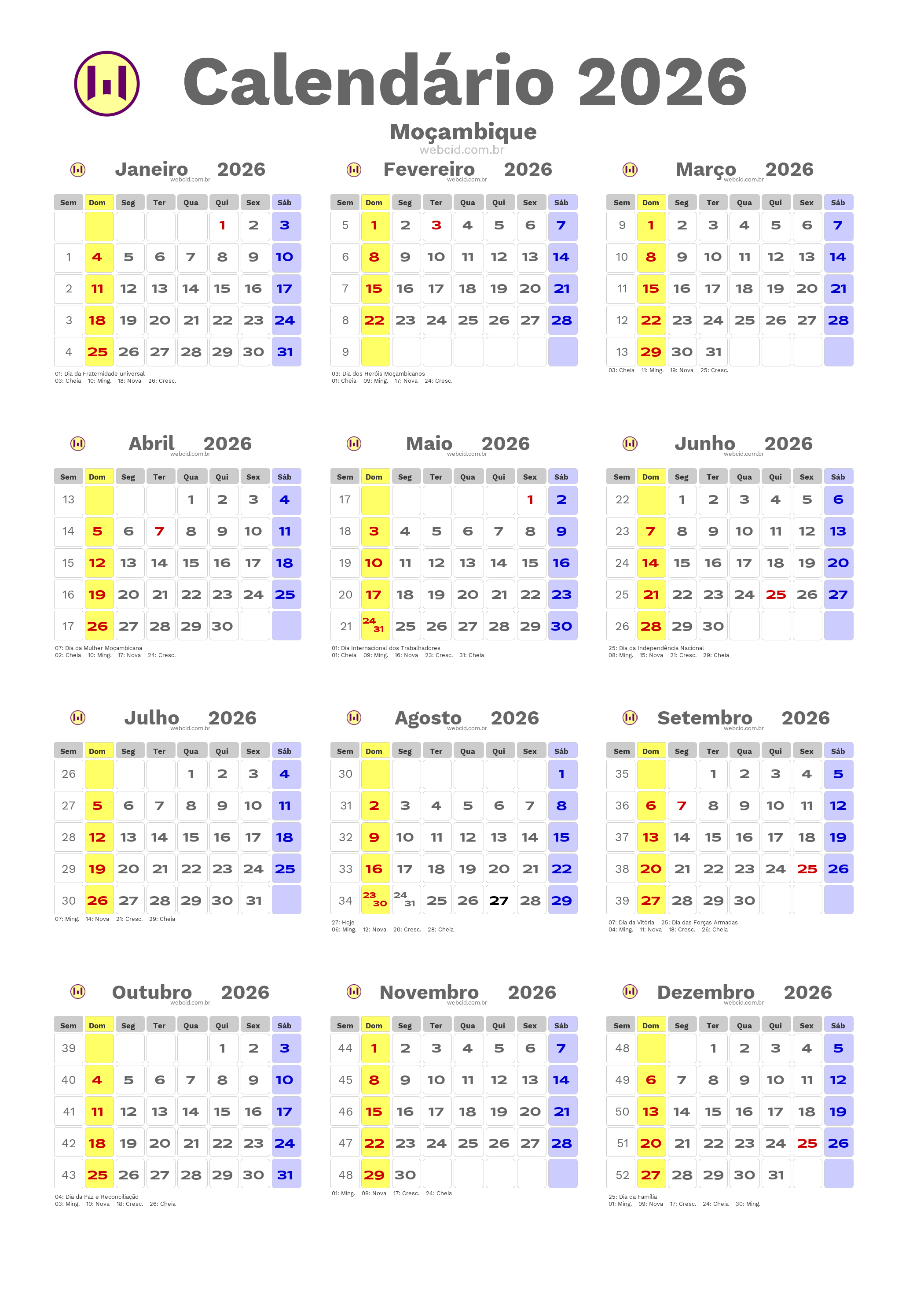 Calendário 2026 - Moçambique com feriados e fases da lua