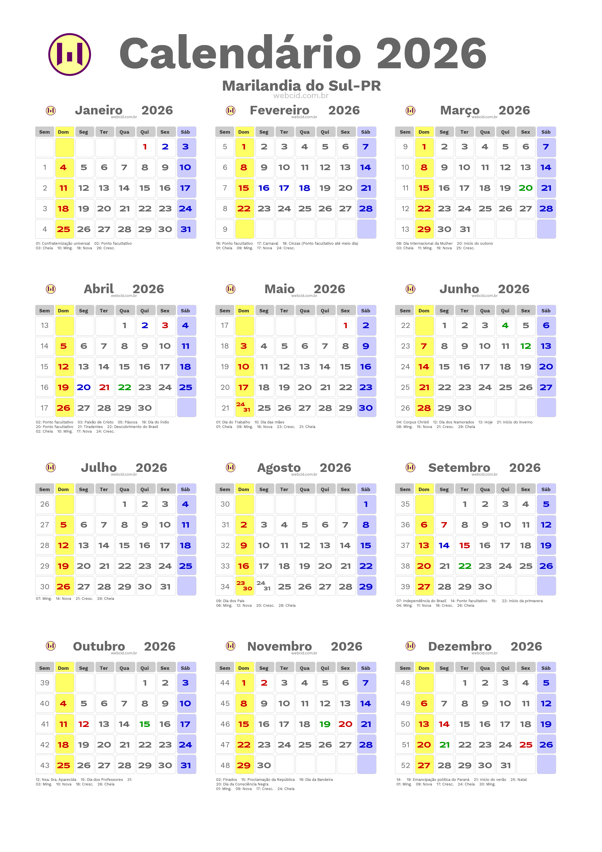 Calendário 2026 - Marilandia do Sul-PR com feriados e fases da lua