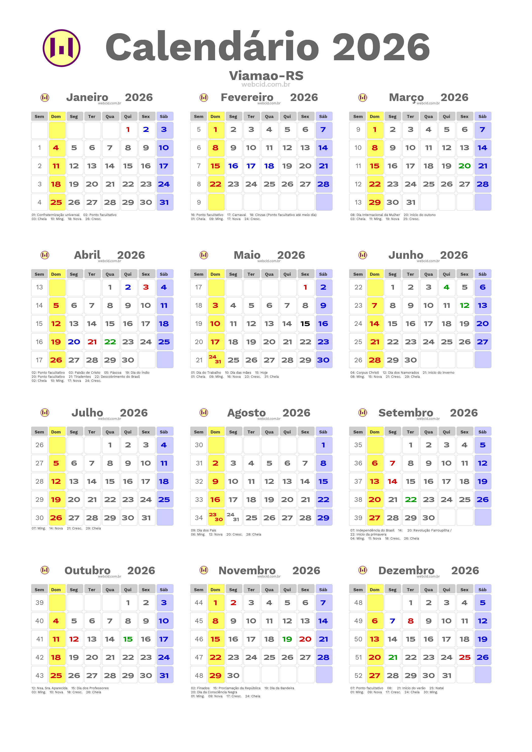 Calendário 2026 - Viamao-RS com feriados e fases da lua